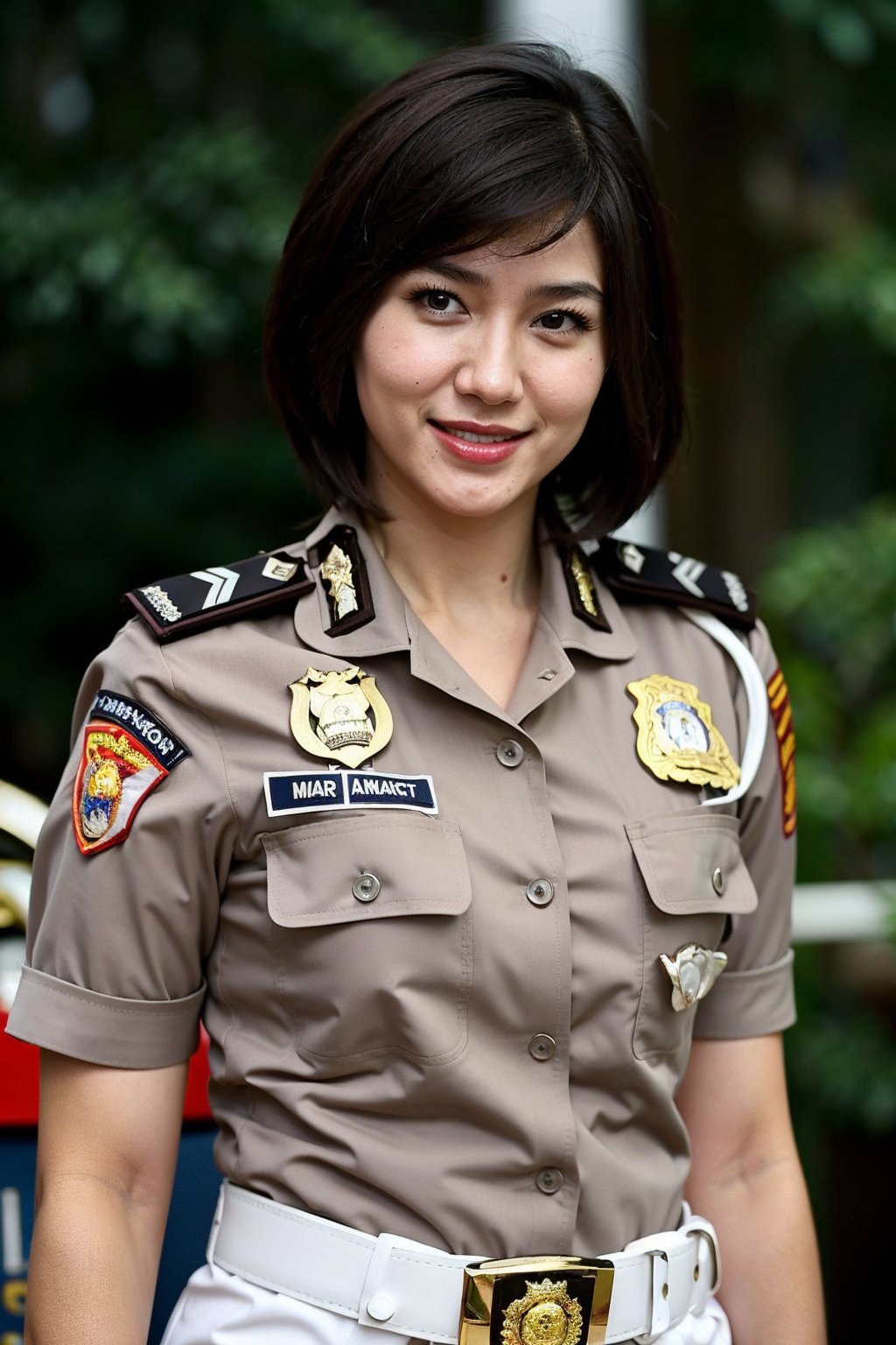 p0lw4n,  korean girl, solo, looking at viewer, smile, short hair, brown hair, black hair, brown eyes, belt, mole, uniform, lips, military, military uniform, mole under mouth, realistic, badge, police, police uniform, policewoman