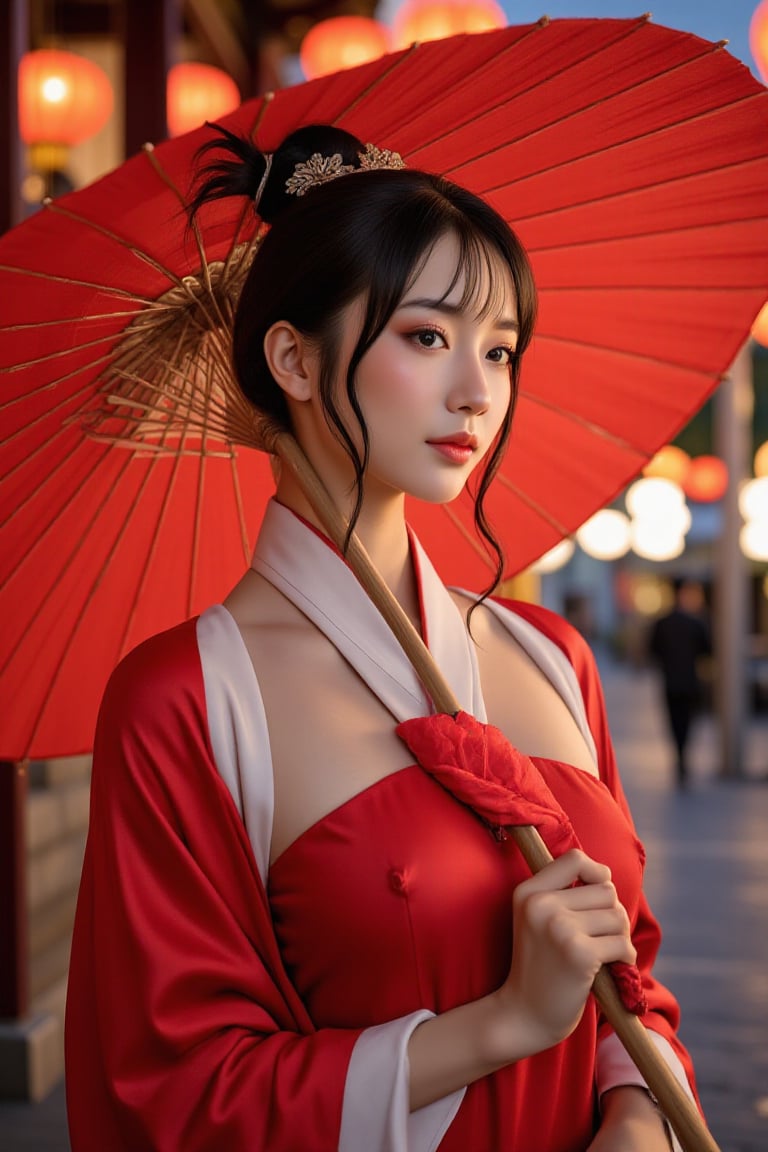 photorealism, (upper body), (portrait:1.2), KOLNB,Hanfu,Eroflo, a woman, beautiful face, red dress, japanese umbrella, bokeh, Chinese festival street, (nigh street:1.2), depth of field, columns, temple, lanterns.
Best quality, uhd, 8k, hyper detailed,Ahri