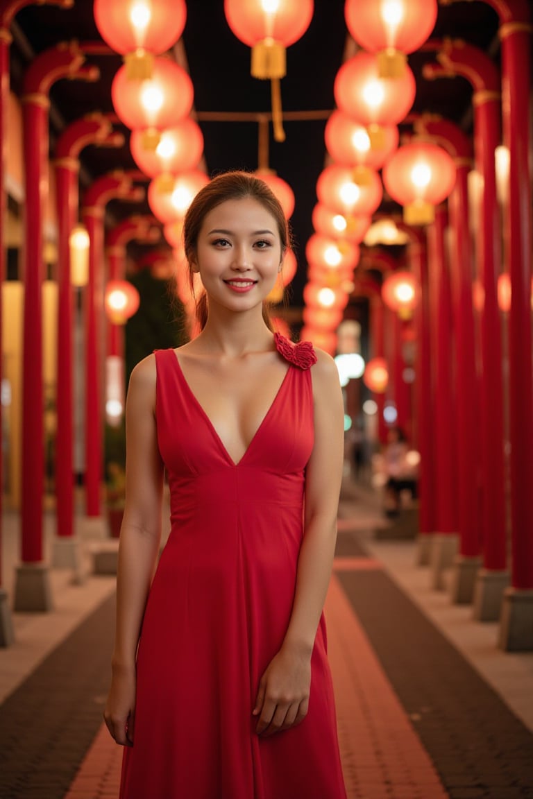 photorealism, (upper body), (portrait:1.2), a woman, beautiful face, red dress, japanese umbrella, bokeh, Chinese festival street, (nigh street:1.2), depth of field, columns, temple, lanterns