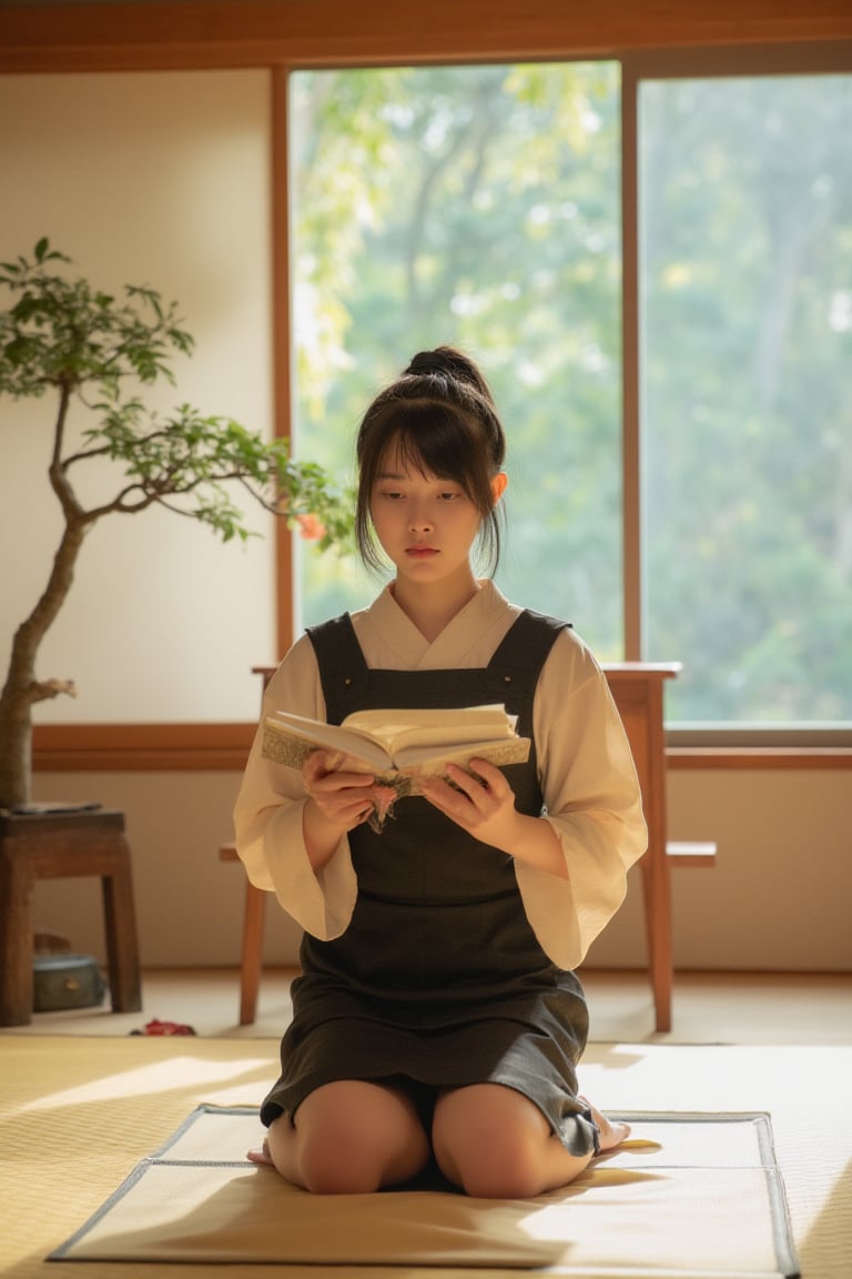 A Japanese schoolgirl in a traditional uniform, kneeling seiza-style on tatami mats inside a traditional Japanese house. The room features shoji screens, a low wooden table, and a bonsai plant. Soft natural light filters through the paper windows, casting a warm glow. The girl holds a book, her expression serene and focused. The composition is centered, with the girl's posture and the serene environment creating a harmonious scene.