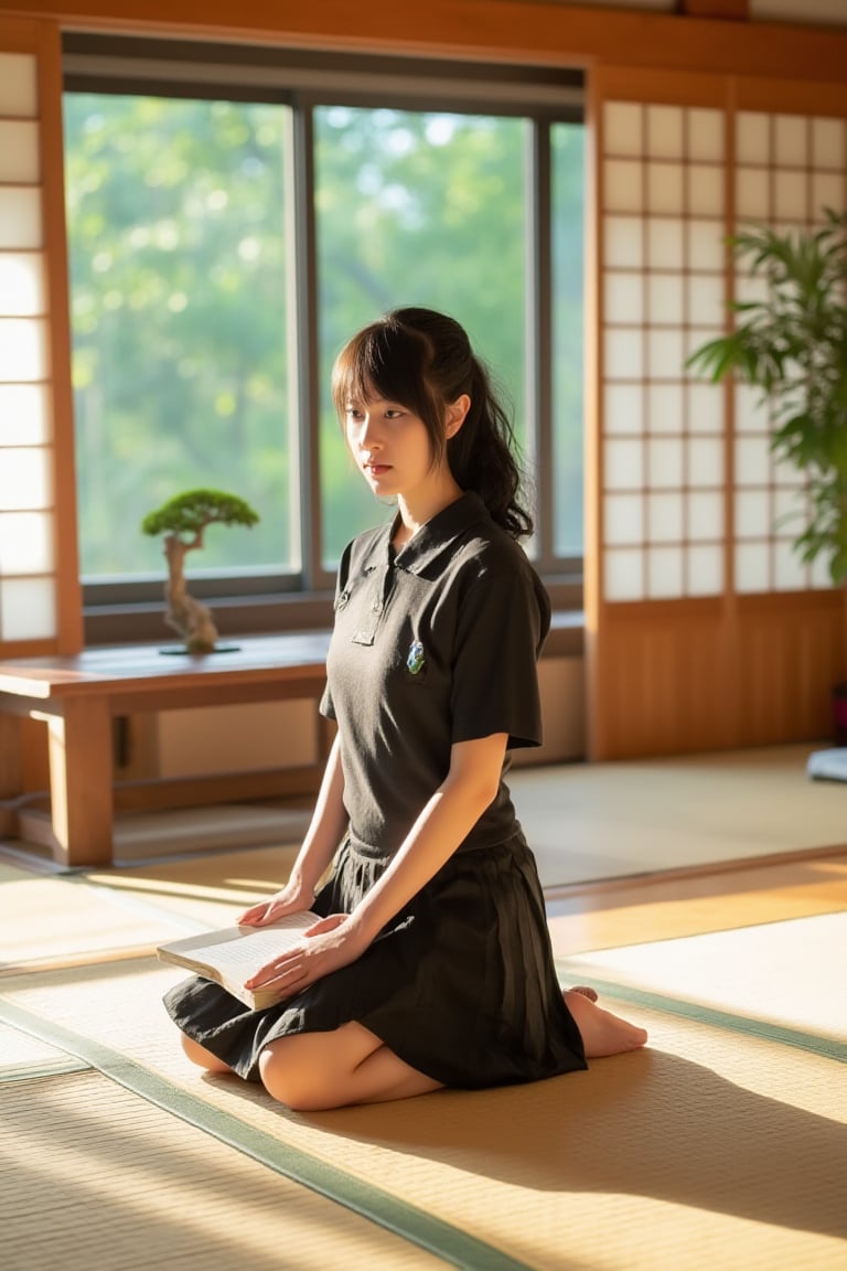 A Japanese schoolgirl in a traditional uniform, kneeling seiza-style on tatami mats inside a traditional Japanese house. The room features shoji screens, a low wooden table, and a bonsai plant. Soft natural light filters through the paper windows, casting a warm glow. The girl holds a book, her expression serene and focused. The composition is centered, with the girl's posture and the serene environment creating a harmonious scene.