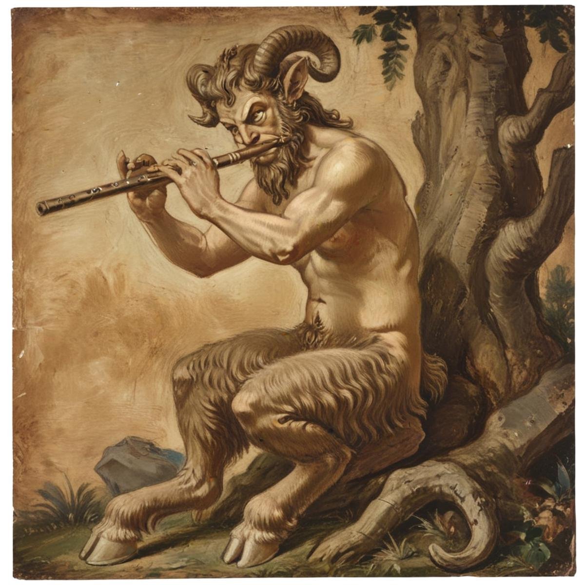 a satyr playing a double flute  <lora:SatyrXLV1-CruzFlesh:0.75>