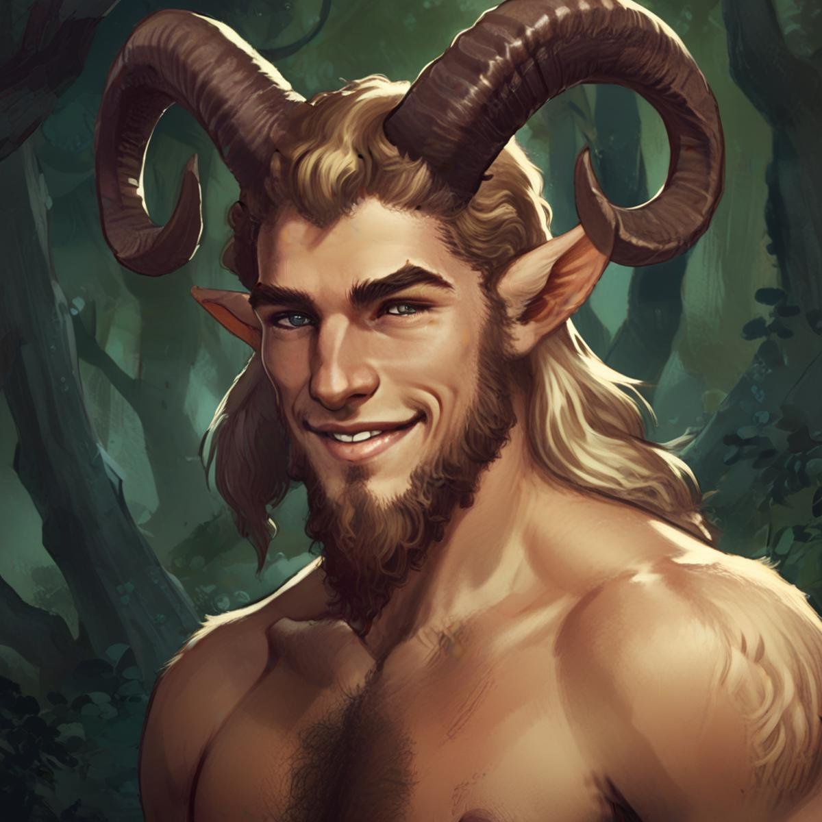 <lora:SatyrXLV1-CruzFlesh:0.85> a satyr close up, smiling, animal ears, long blonde hair