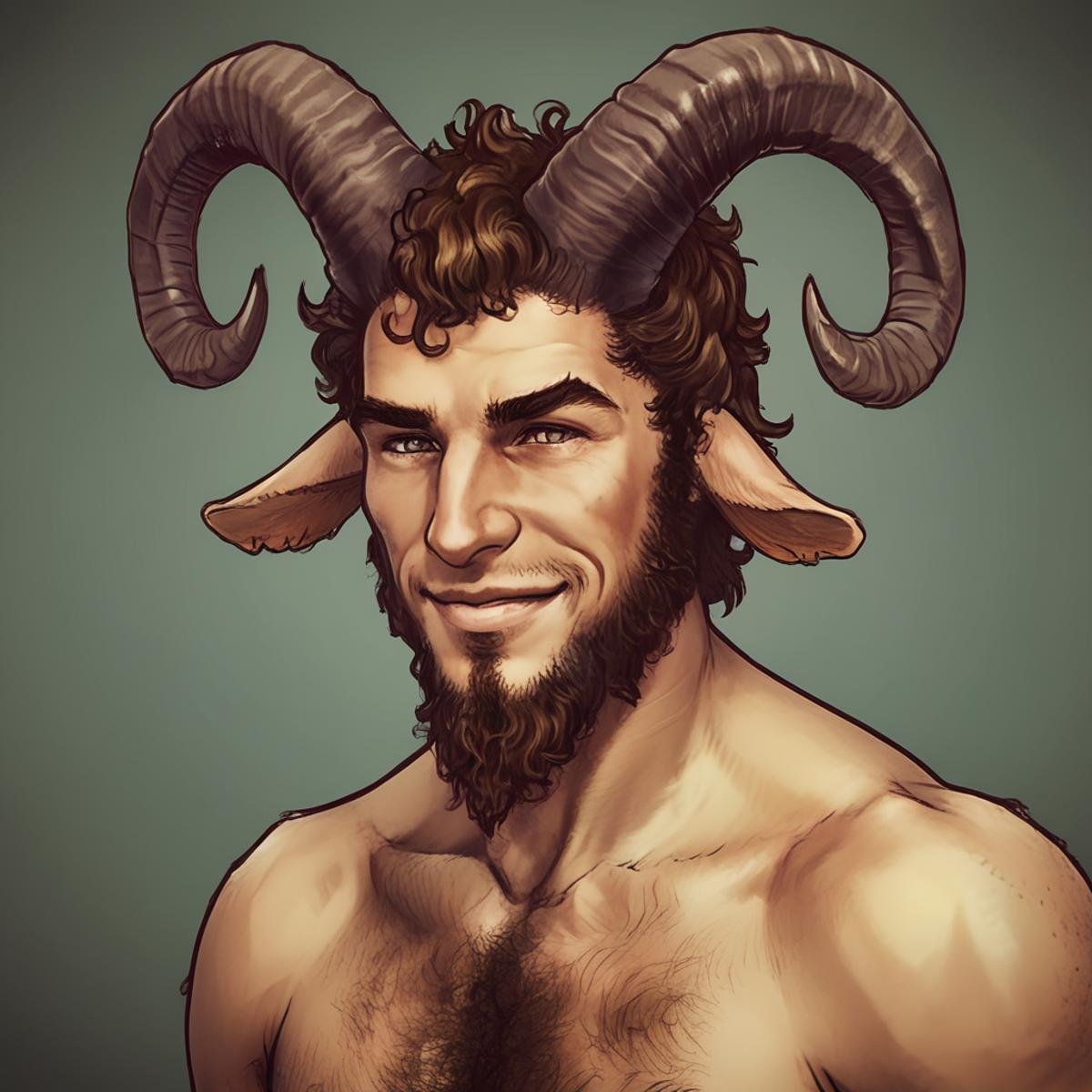 <lora:SatyrXLV1-CruzFlesh:0.85> a satyr close up, smiling, animal ears