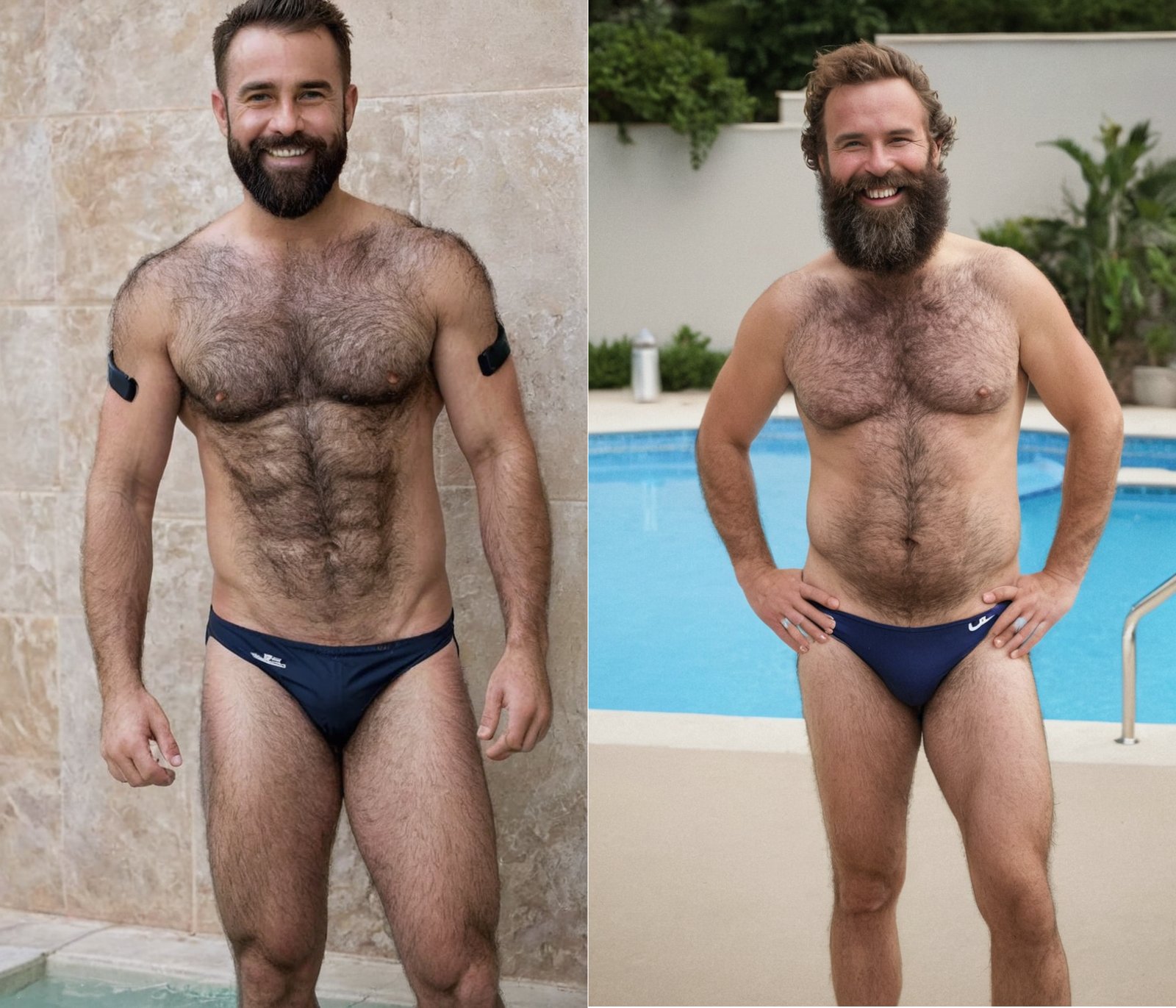 a hairy man , full body, smiling, big beard, (((((((shoulder hair))))))), leg hair, wearing a speedo  pubic hair, feet, <lora:HairyManXLV1-CruzFlesh:0.65> 