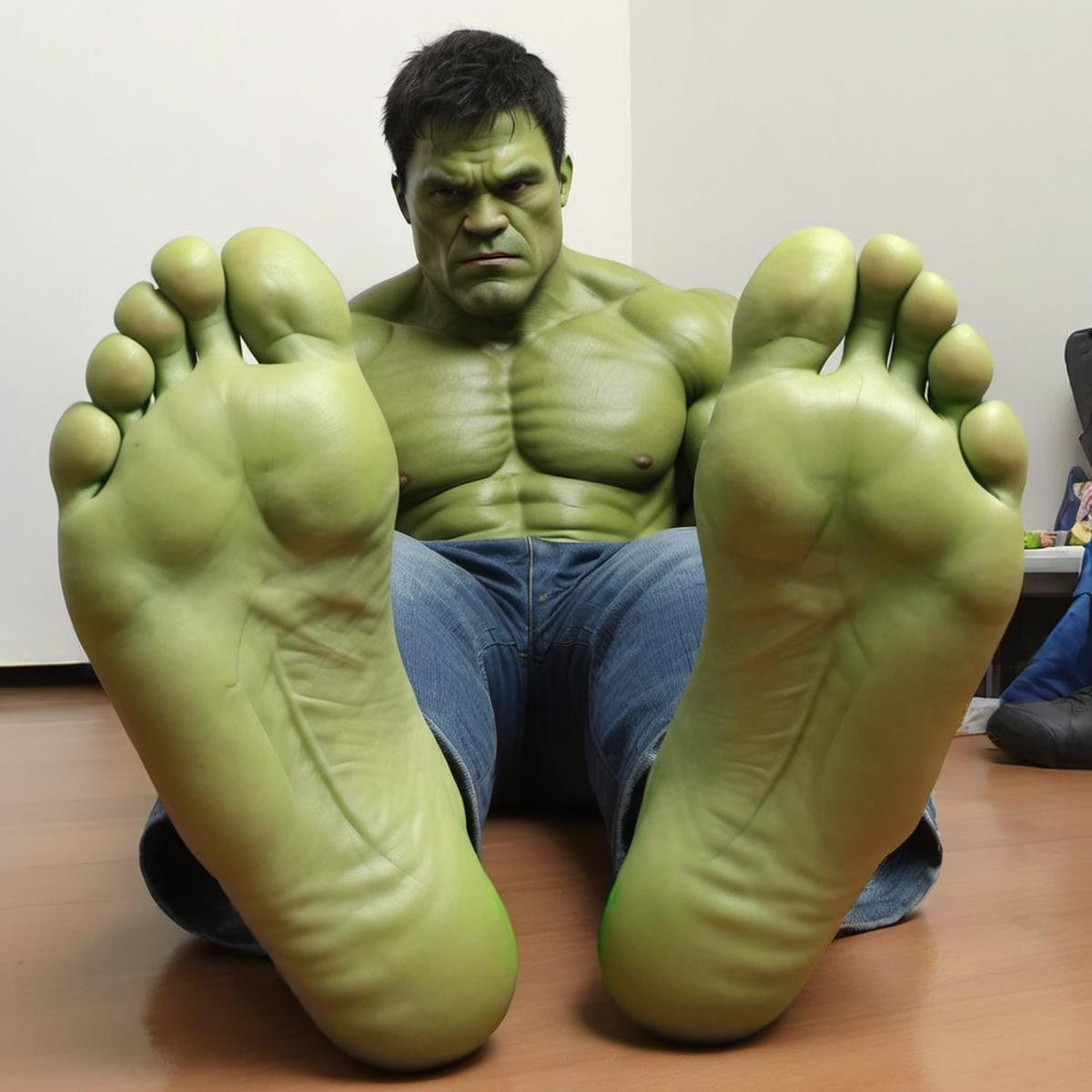 the hulk showing his green feet  <lora:ManFeet:0.52>