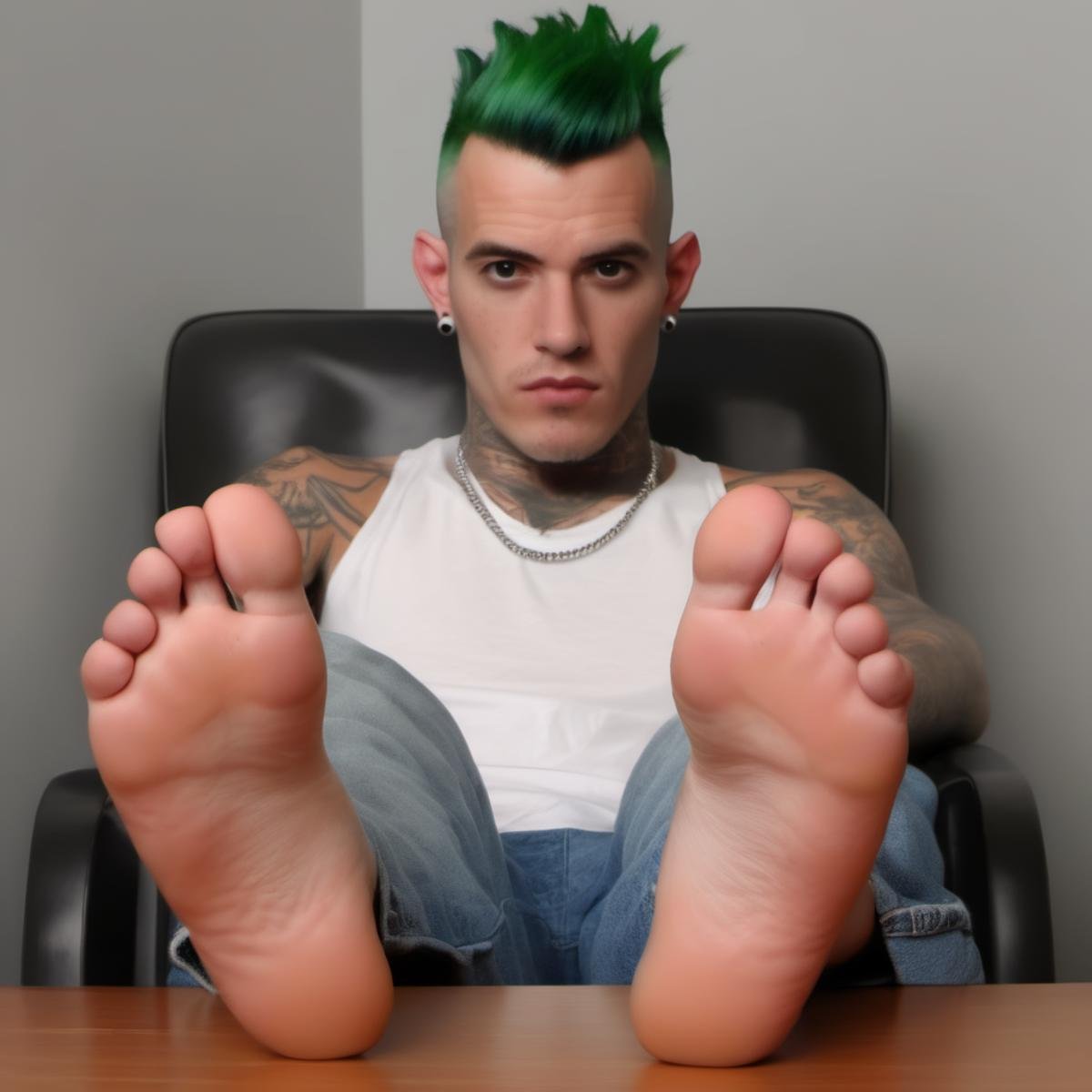 a scary but handsome man with tattoos and facial piercings, mohawk green hair, showing his soles,   <lora:ManSolesV2.1-CruzFlesh:1>, clean shaved masculine square jaw