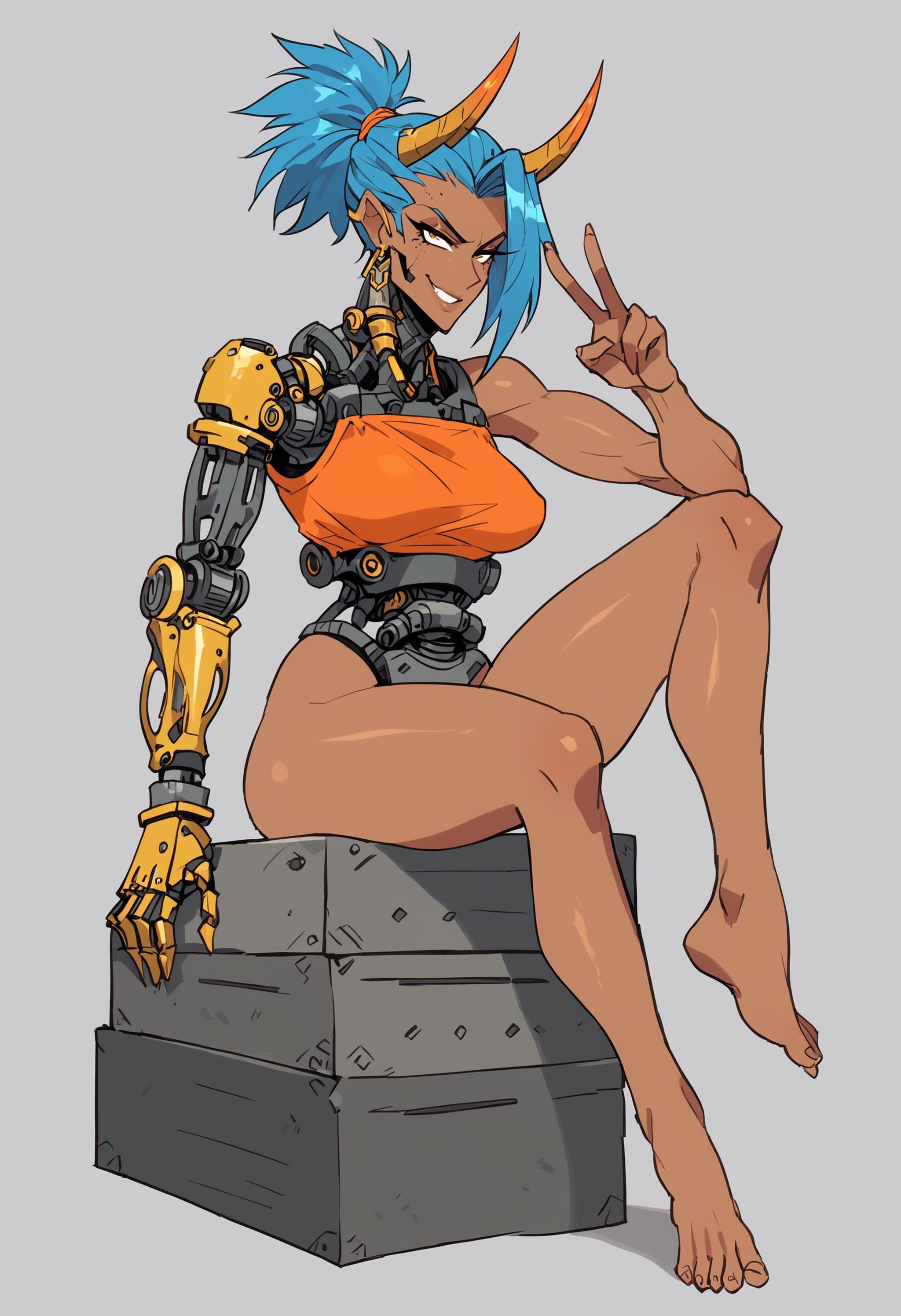 score_9, score_8_up, score_7_up, highly detailed, 1girl, medium breasts, tall, mechanical joints, prosthetic arms, mechanical horns, giant metal horns, bouncy ponytail hairstyle, blue hair, bare feet, thighs, dark dark-skinned female, smirk, jewelry, sitting, v, looking at viewer,  <lora:Yeong gyun lee style:1>, cyb3rh0rr0r