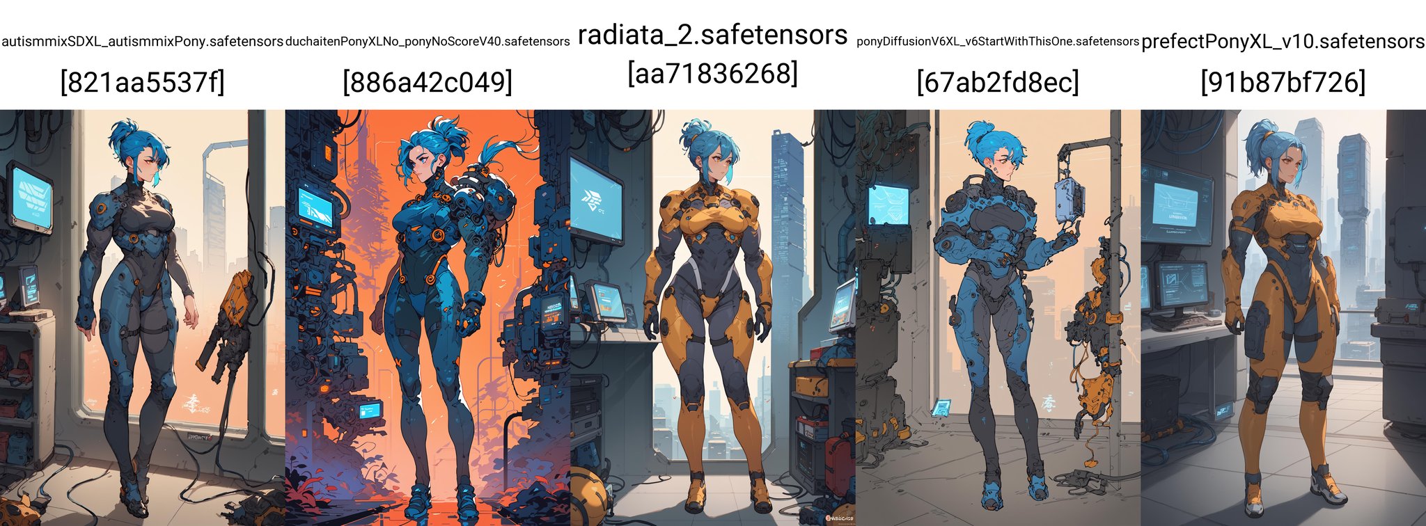 score_9, score_8_up, score_7_up, highly detailed, 1girl, medium breasts, bouncy ponytail hairstyle, blue hair, standing, luminescent futuristic screen, window, futuristic city in the background, wearing tech armor, full body, <lora:Yeong gyun lee style:1>