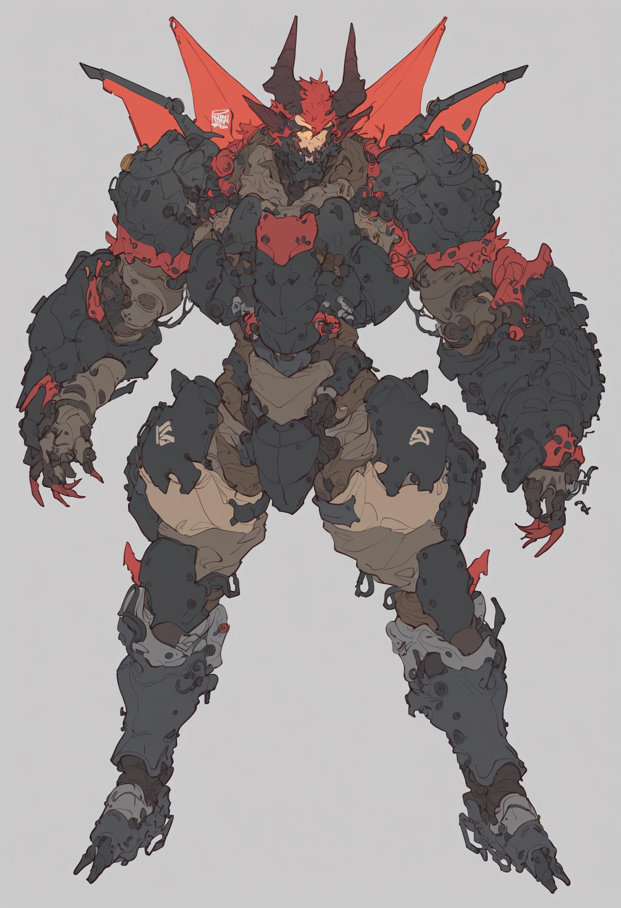 score_9, score_8_up, score_7_up, highly detailed, giant mecha demon with horns, tech armor, simple background, <lora:Yeong gyun lee style:1>