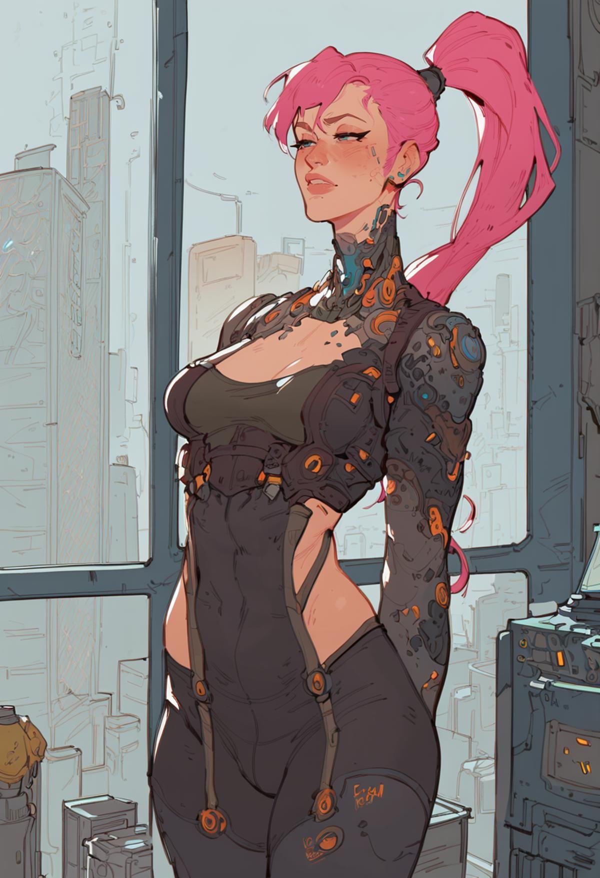 score_9, score_8_up, score_7_up, highly detailed, 1girl, medium breasts, long pink ponytail, standing, luminescent futuristic screen, window, futuristic city in the background, <lora:Yeong gyun lee style-000003:1>, 