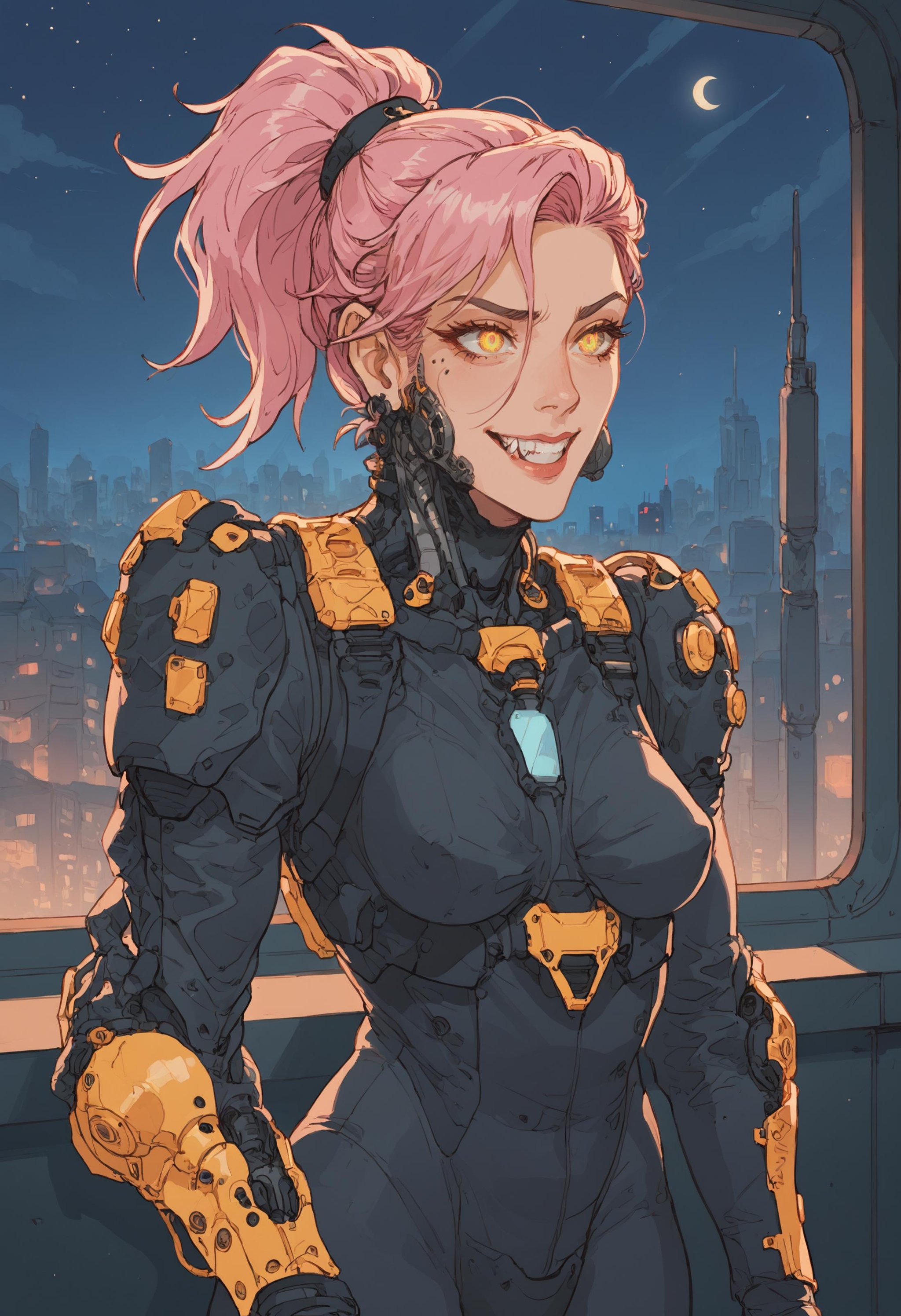 score_9, score_8_up, score_7_up, (extreme closeup, portrait:1.4), highly detailed, mechanical jaw, 1girl, mature female, medium breasts, tall, skinny, futuristic, window, city at night, at night, ponytail, pink hair, [fangs], light smile, dreamy eyes, armor, pink and yellow color scheme, melancholy, <lora:ArmorPunk_epoch_5:1>, arm0rpunk