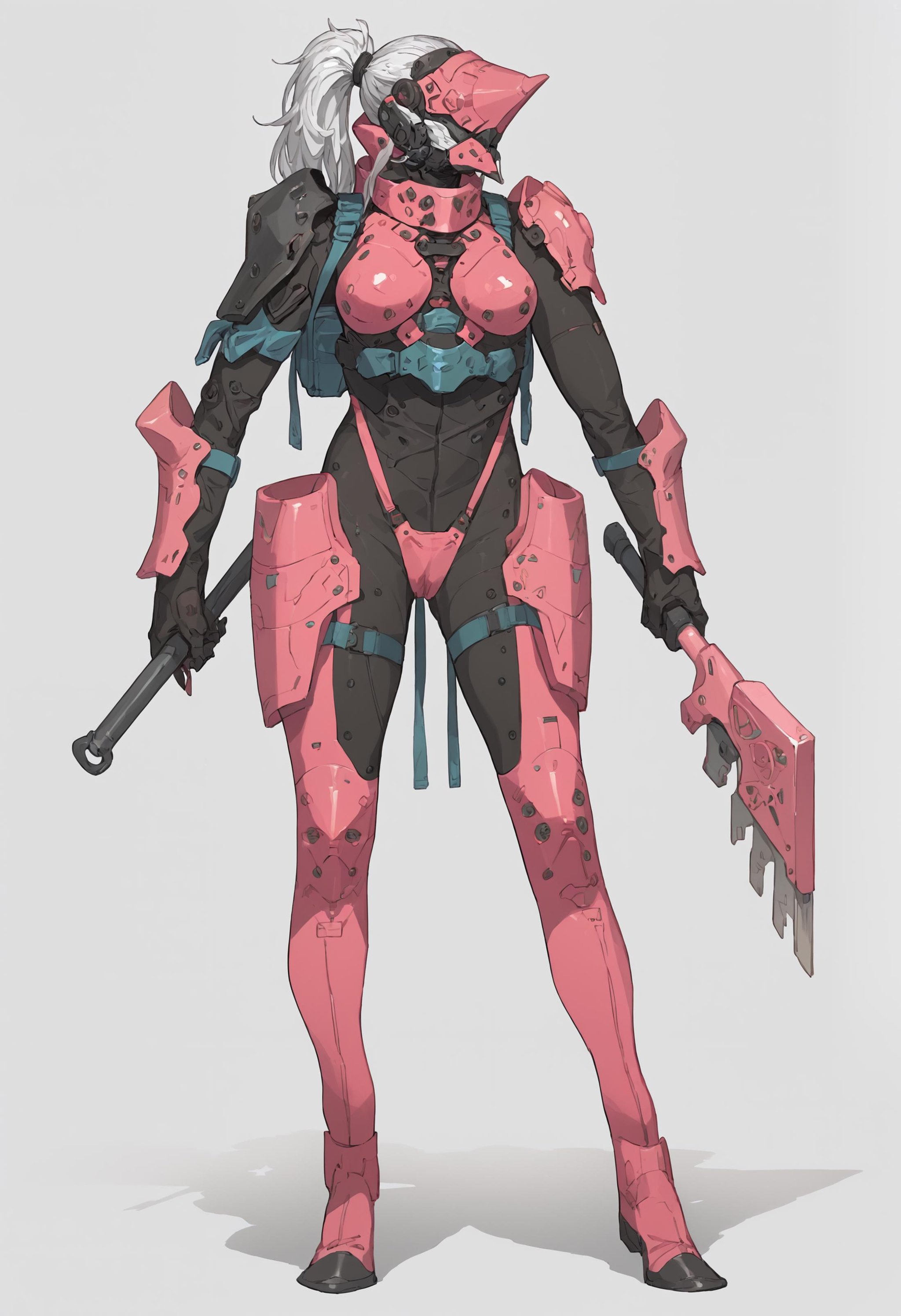 score_9, score_8_up, score_7_up, score_6_up, score_5_up, score_4_up, mature female, skinny, tall slim robot, armor, helmet, holding weapon, pink color armor, ponytail, <lora:ArmorPunk_epoch_3:1>, arm0rpunk