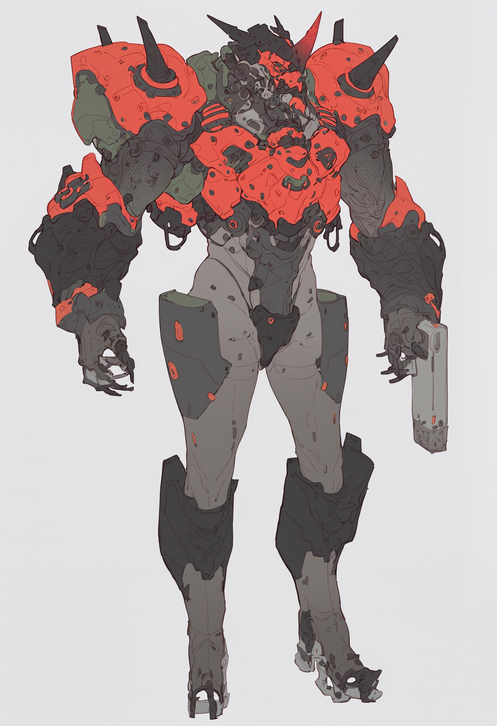 score_9, score_8_up, score_7_up, highly detailed, giant mecha demon with horns, tech armor, simple background, <lora:ArmorPunk_epoch_3:1>, arm0rpunk