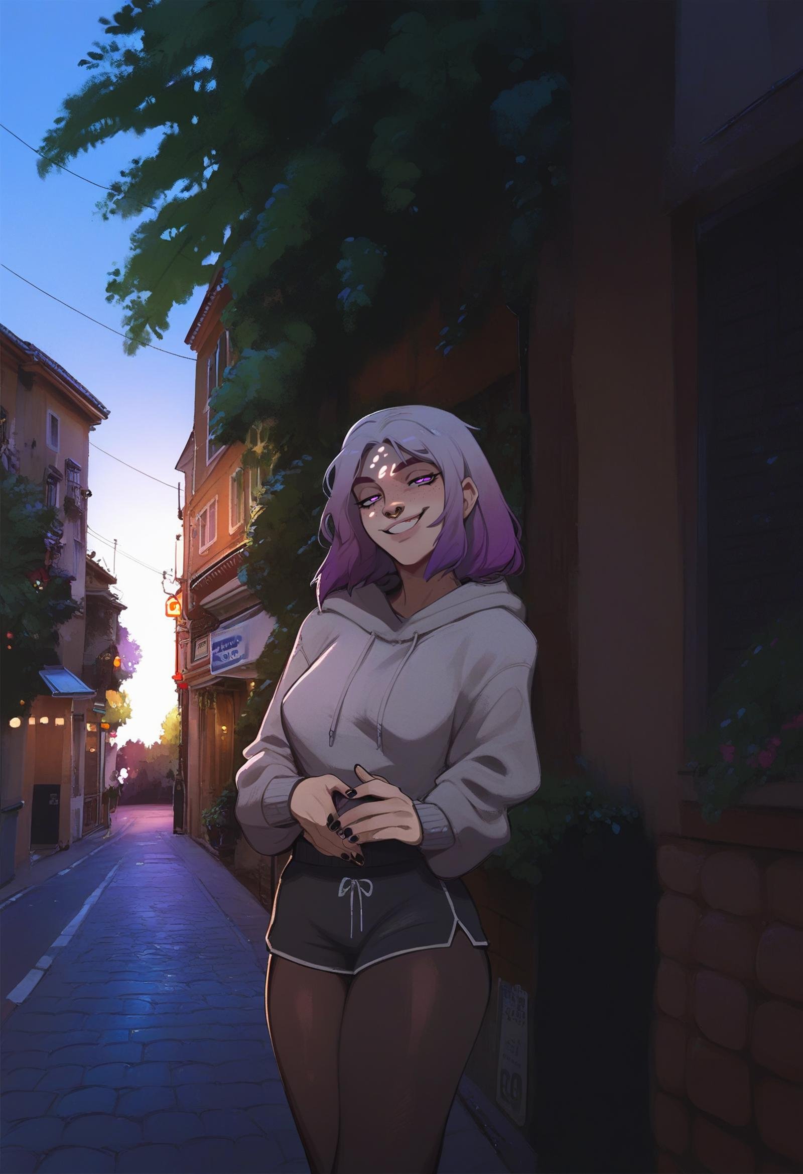 score_9, score_8_up, score_7_up, 1girl, freckles, smug, smile, pantyhose under shorts, black nails, nail polish, purple gradient hair, nose ring piercing, purple eyes, <lora:arc7ana:1> arc7ana, scenery, lamppost, street, tree, dusk,