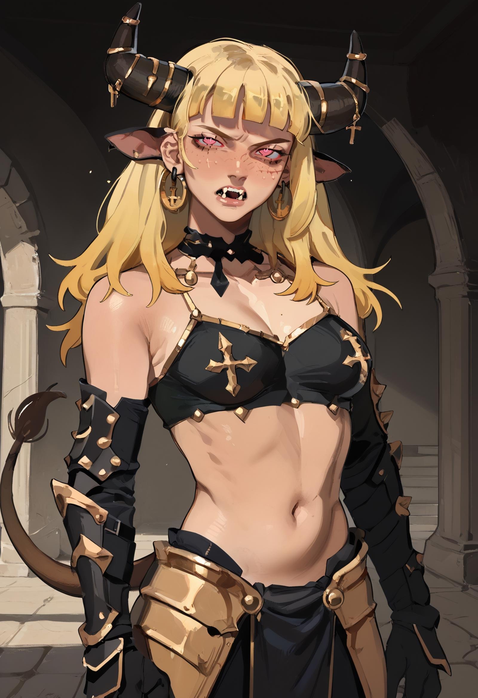 score_9, score_8_up, score_7_up, 1girl, armor, medium breasts, solo, (tail, tall slim female:1.1), annoyed, fangs, blunt bangs, black horns, pink and yellow hair, jewelry, horn jewelry, cross earrings, animal ears, minotaur, gradient hair, freckles, pink eyes, dreamy eyes, <lora:arcana:1> arc7ana, indoors, scenery,