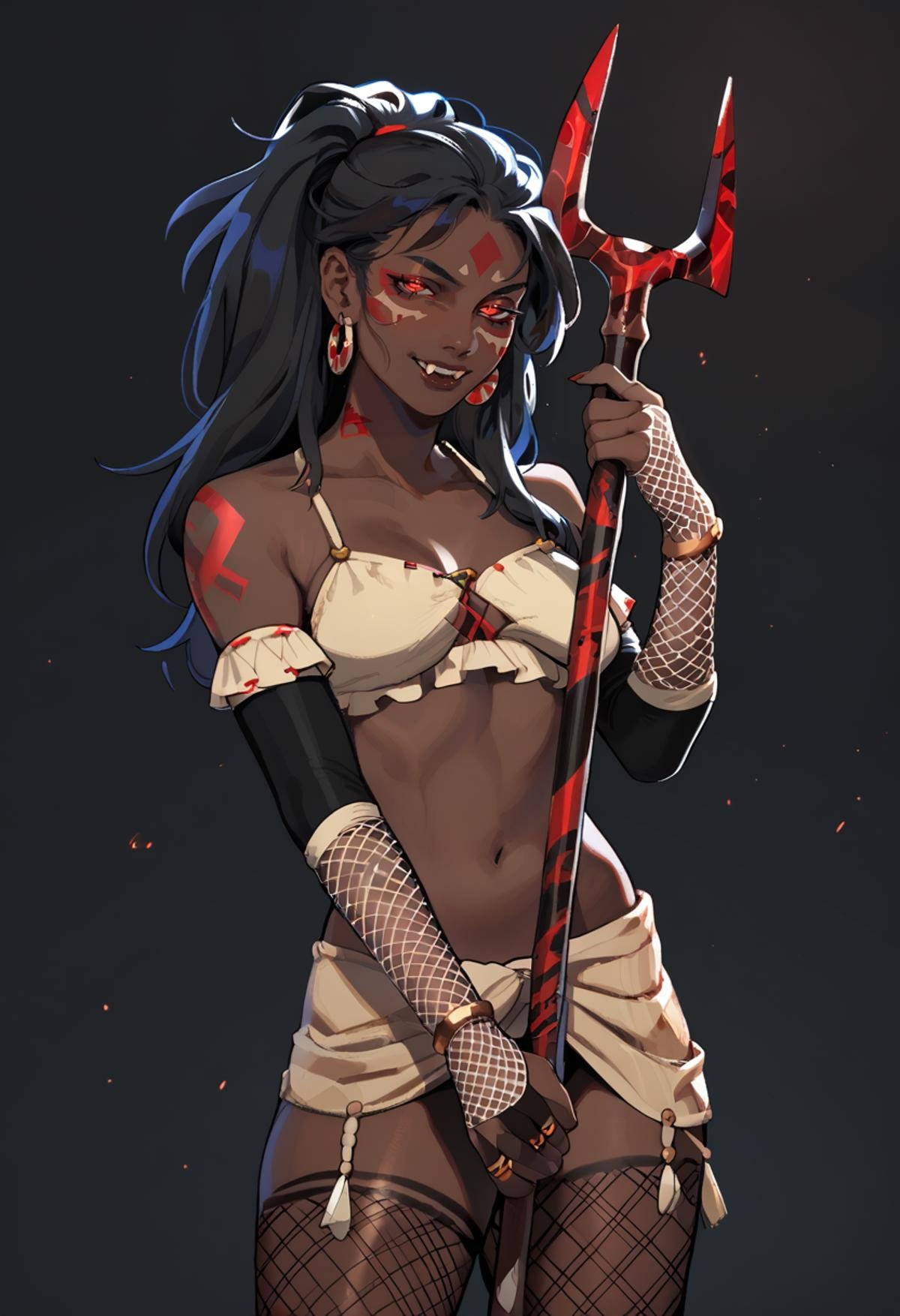 score_9, score_8_up, score_7_up, score_9, score_8_up, score_7_up, score_6_up, 1girl, holding, black skin black color skin, colored skin, fishnet gloves, black sclera, red eyes, glowing eyes, fangs, (facepaint, tribal tattoo), holding weapon, holding polearm,  <lora:arc7ana:1> arc7ana,