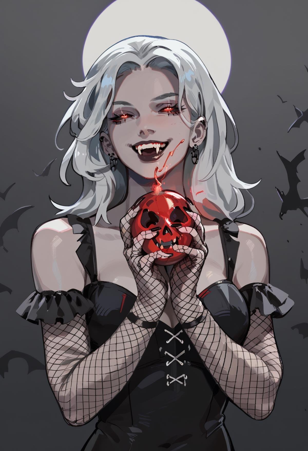 score_9, score_8_up, score_7_up, score_9, score_8_up, score_7_up, score_6_up, 1girl, holding a giant sythe, grey color skin grey skin, colored skin, fishnet gloves, black sclera, red eyes, glowing eyes, fangs, vampire,   <lora:arc7ana:1> arc7ana,