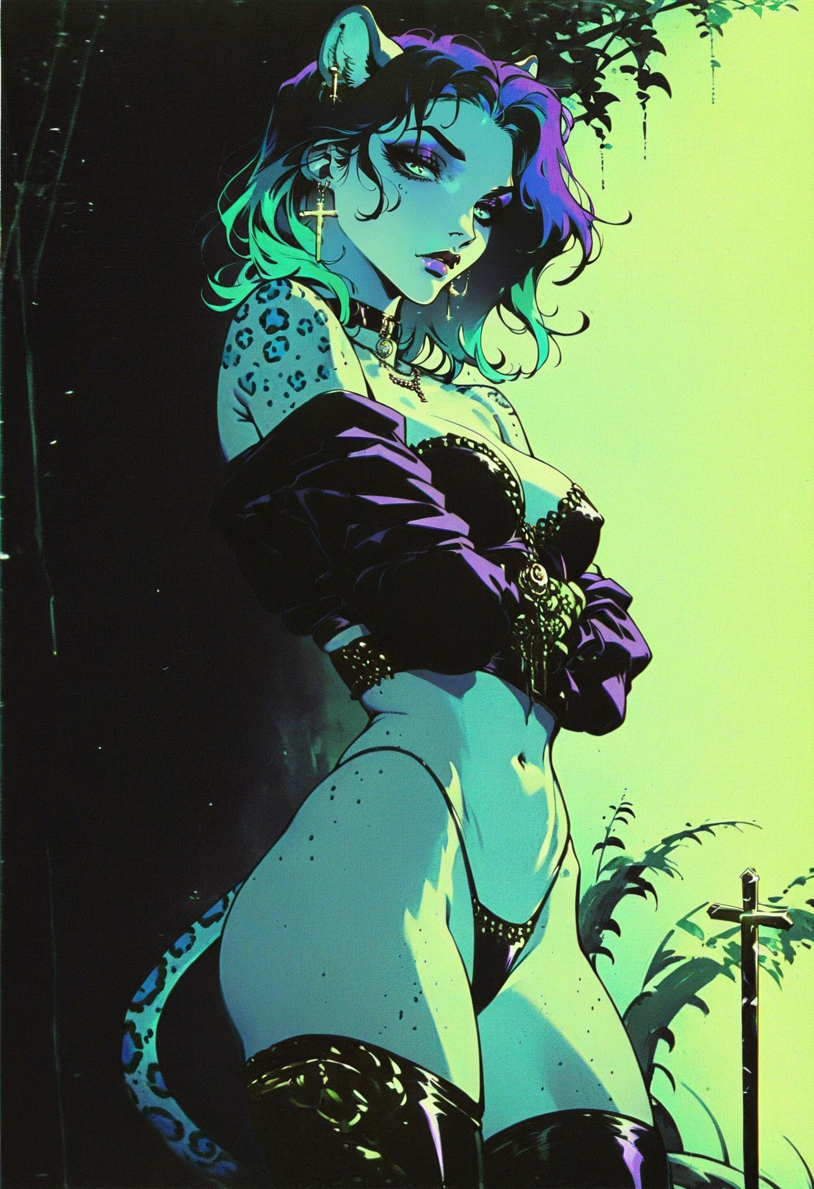 score_9, score_8_up, score_7_up, score_6_up, score_5_up, score_4_up,  <lora:GothicPunkV2:1>, g0th1cpnk,1girl, purple and green two-tone hair, cross earrings, Jaguar Anthro,Thong,