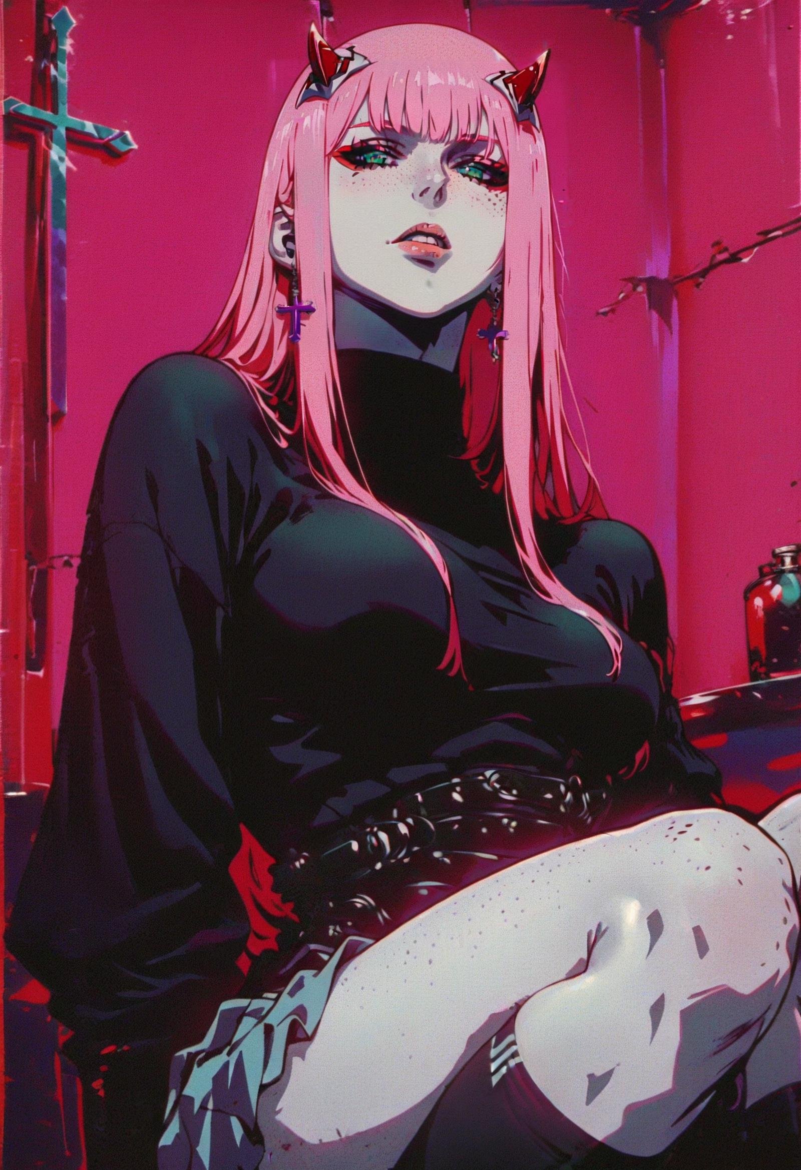 score_9, score_8_up, score_7_up, score_6_up, score_5_up, score_4_up, g0th1cpnk, <lora:GothicPunkV2:1>,1girl, zero two \(darling in the franxx\), big breasts, turtleneck sweater, cross earrings, (pale skin, freckles:1.3), purple and green two-tone hair, black socks, black kneehighs, indoors, furniture,