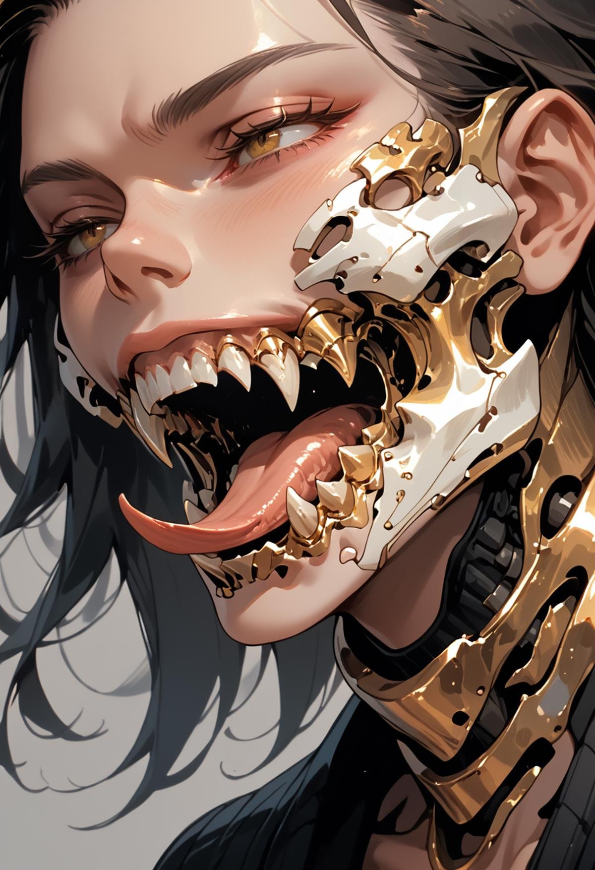 score_9, score_8_up, score_7_up, highly detailed, 1girl, solo, medium breasts, simple background, mechanical jaw, fangs, forked tongue, mechanical teeth, <lora:ArmorPunkV4:1> arm0rpunkv4,