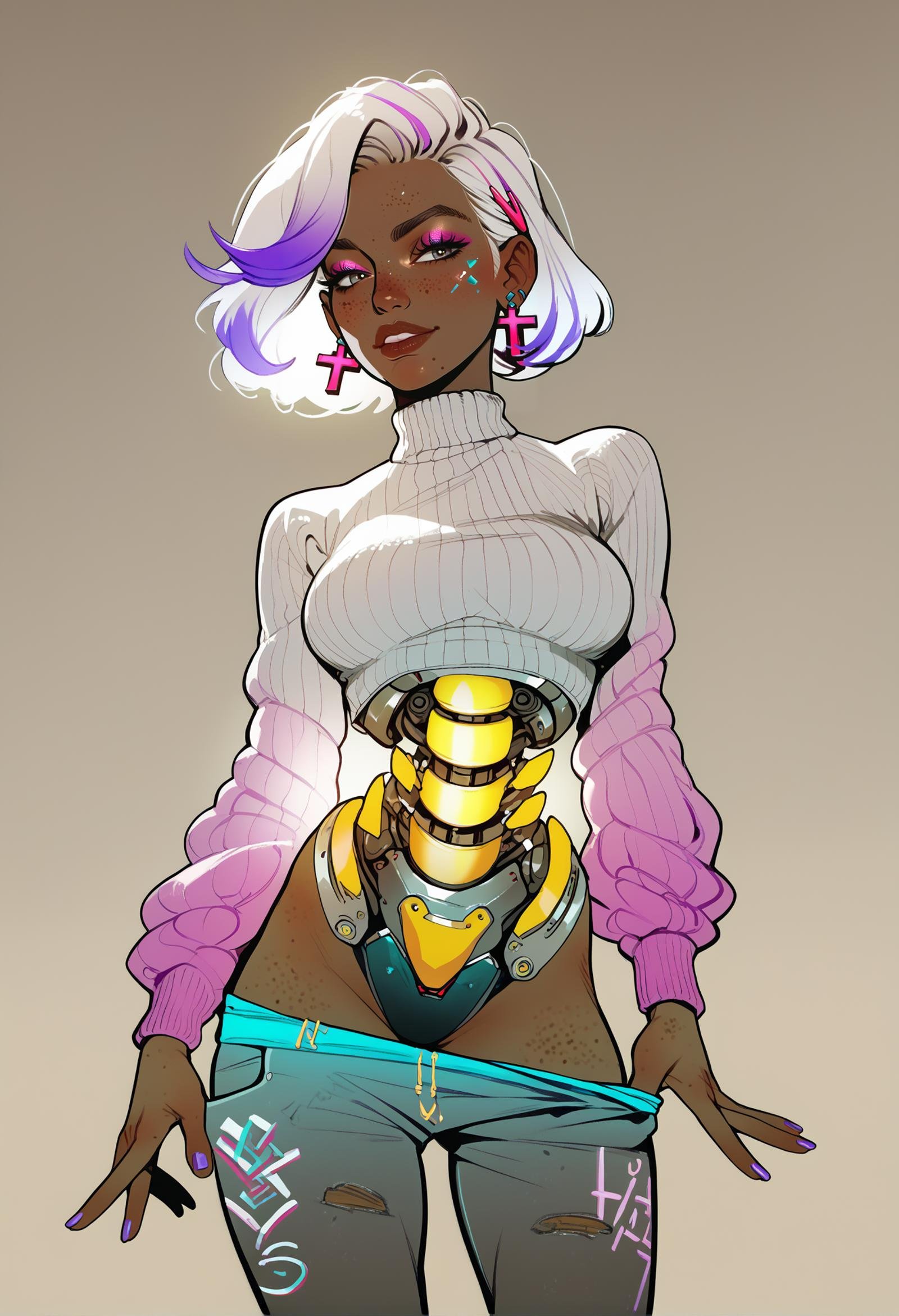 score_9, score_8_up, score_7_up, score_6_up, score_5_up, score_4_up, 1girl, dark skin, very dark skin, (mechanical torso:1.4), (ass:0.1), adult female, medium breasts, white hair, purple highlights, light smile, freckles, crop top sweater, painted nails, nail polish, pants pull, cross earrings, glowing machinery, neon, <lora:Nocturne:1> n0cturn3, <lora:ArmorPunkV4:1> arm0rpunkv4