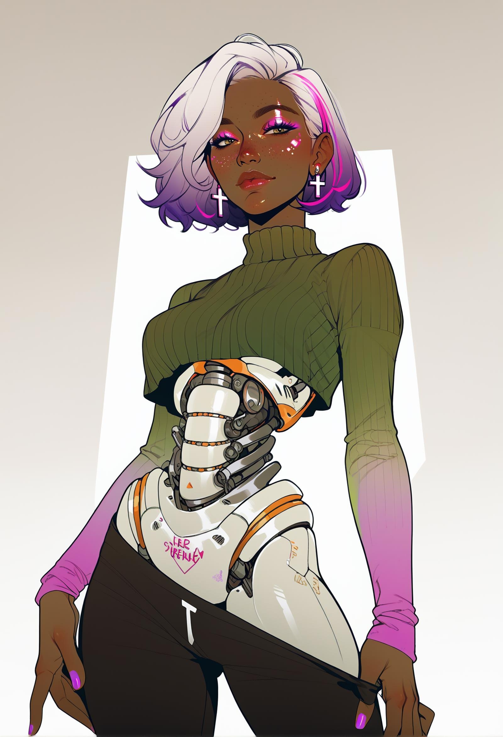 score_9, score_8_up, score_7_up, score_6_up, score_5_up, score_4_up, 1girl, dark skin, very dark skin, (mechanical torso:1.4), (ass:0.1), adult female, medium breasts, white hair, purple highlights, light smile, freckles, crop top sweater, painted nails, nail polish, pants pull, cross earrings, glowing machinery, neon, <lora:Nocturne:1> n0cturn3, <lora:ArmorPunkV4:1> arm0rpunkv4