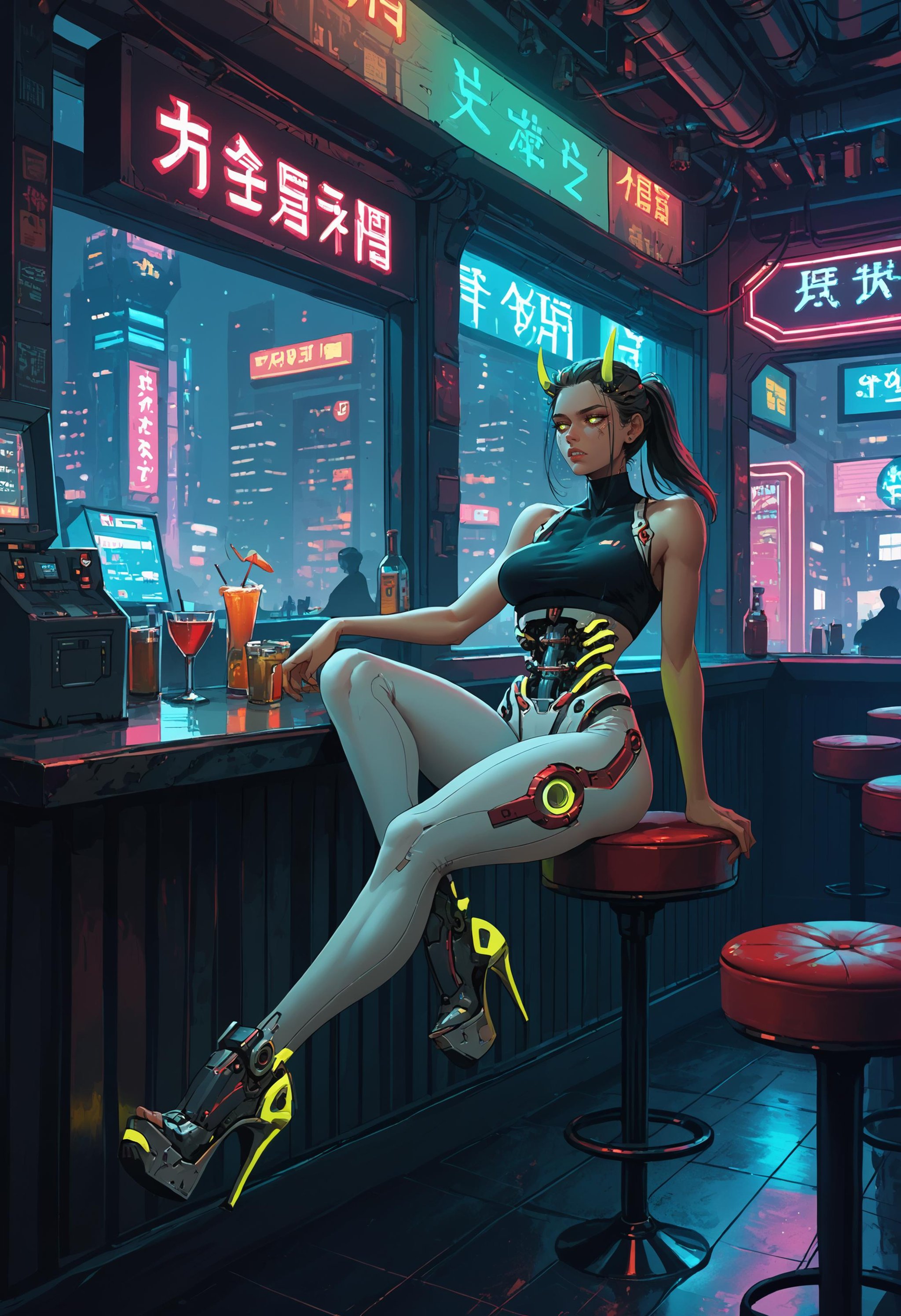 score_9, score_8_up, score_7_up, 1girl, solo, sitting, restaurant, booth seating, bar, window, neon lights, horns, crop top, thighs, (mechanical teeth), (mechanical mask:0.3), (mechanical torso:1.5), glowing clothes, city at night, scenery, highly detailed, science fiction, metropolis, cyberpunk, big breasts, dreamy eyes, bored, long hair, ponytail, <lora:ArmorPunkV4:1> arm0rpunkv4, mechanical shoes, high heels, strappy heels, leggings,