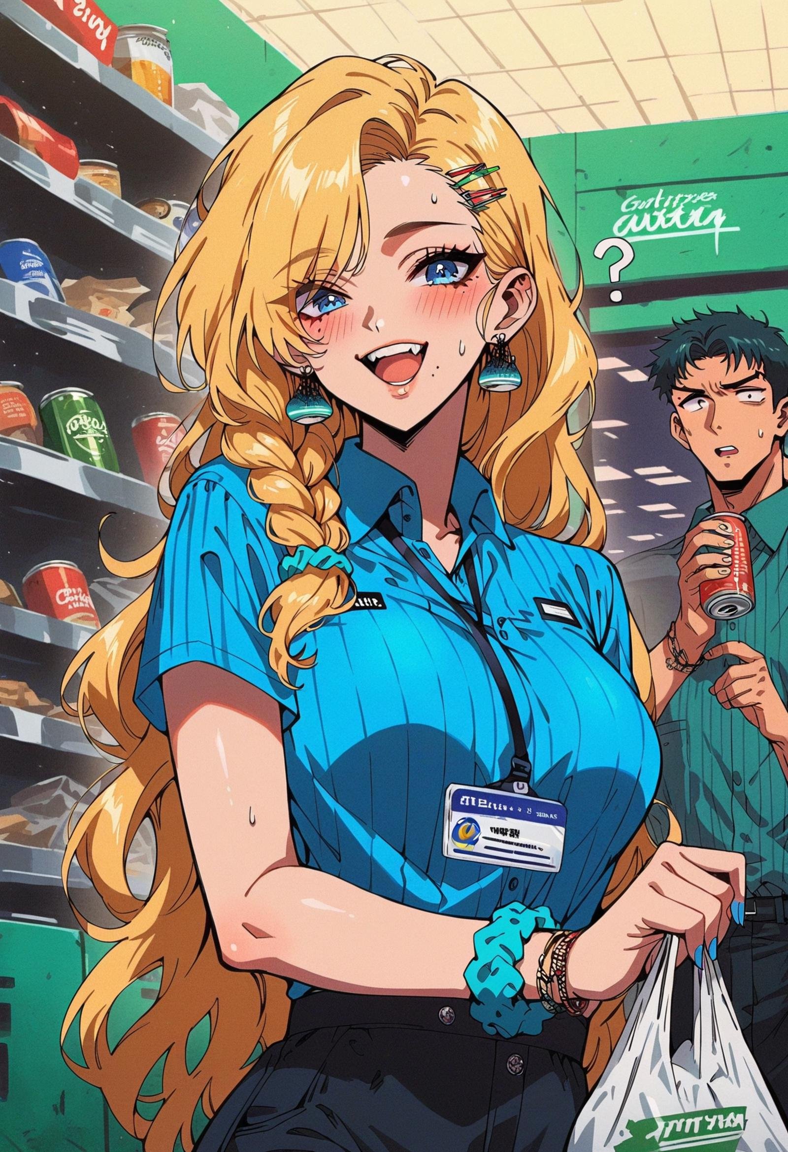 score_9, score_8_up, score_7_up, score_6_up, score_5_up, score_4_up,  <lora:GothicPunkV7:1>, g0th1cpnk,, 1girl, long hair, breasts, blush, smile, open mouth, blue eyes, shirt,  blonde hair, hair ornament, 1boy, holding, navel, jewelry, very long hair, standing, upper body, braid, short sleeves, earrings, sweat, teeth, collared shirt, solo focus, indoors, hairclip, midriff, striped clothes, nail polish, mole, bag, sweatdrop,  bracelet, uniform, crop top, mole under eye, single braid, upper teeth only, swept bangs, blue shirt, scrunchie, eyes visible through hair, ?, mole under mouth, side braid, blue nails, alcohol, vertical-striped clothes, mole on breast, asymmetrical bangs, striped shirt, can, !?, name tag, holding bag, wrist scrunchie, id card, gyaru, drink can, beer, shopping bag, vertical-striped shirt, shop, brand name imitation, employee uniform, beer can, ??, plastic bag, mole on neck, polo shirt, tented shirt, convenience store, condom box, shirt overhang, cash register