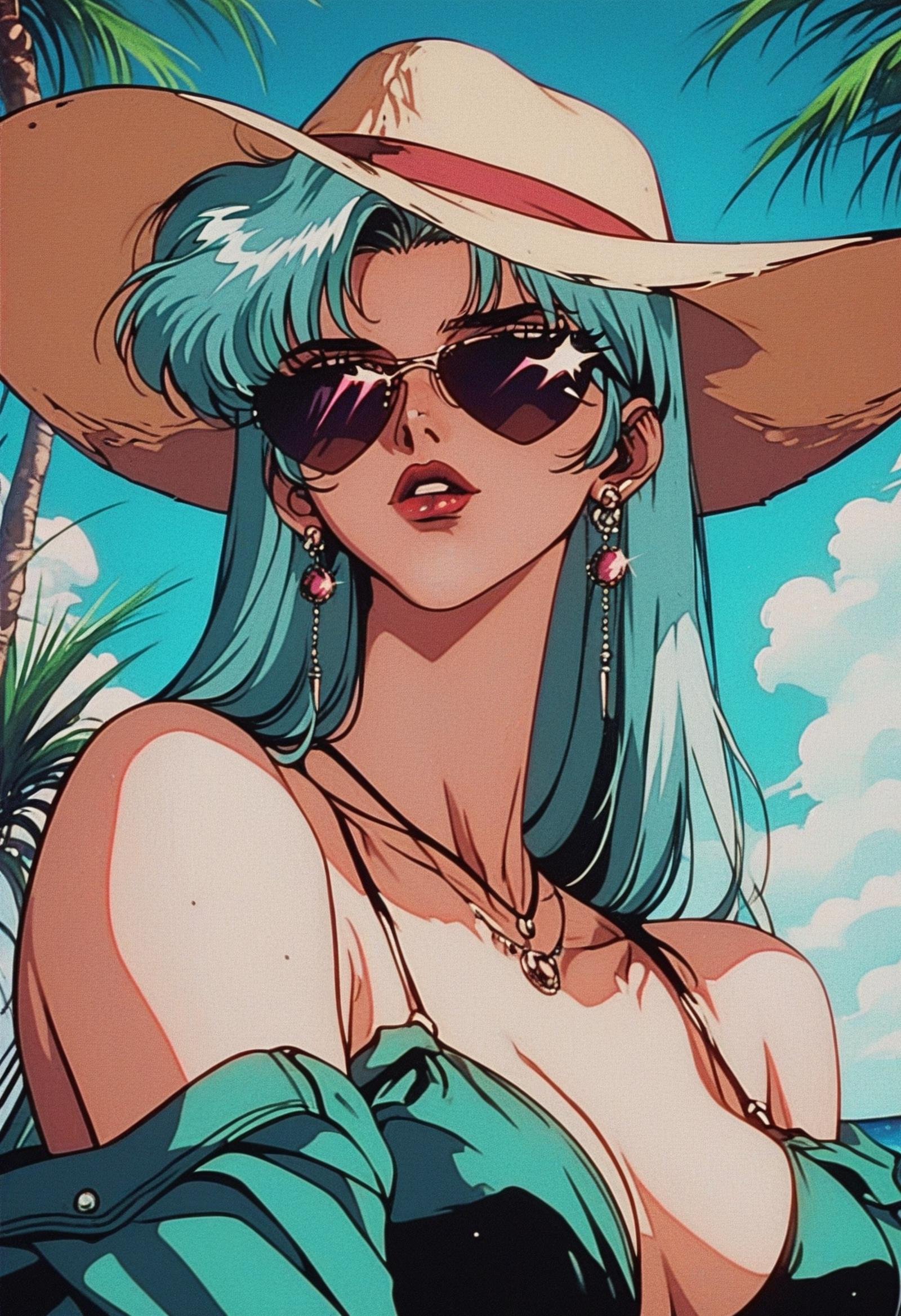 score_9, score_8_up, score_7_up, score_6_up, score_5_up, score_4_up,<lora:GothicPunkV7:1>, g0th1cpnk,1girl, earrings, jewelry, two-tone hair, (Pink and Green),Retro Beach: High-waisted bikini, cat-eye sunglasses, and a floppy hat.,