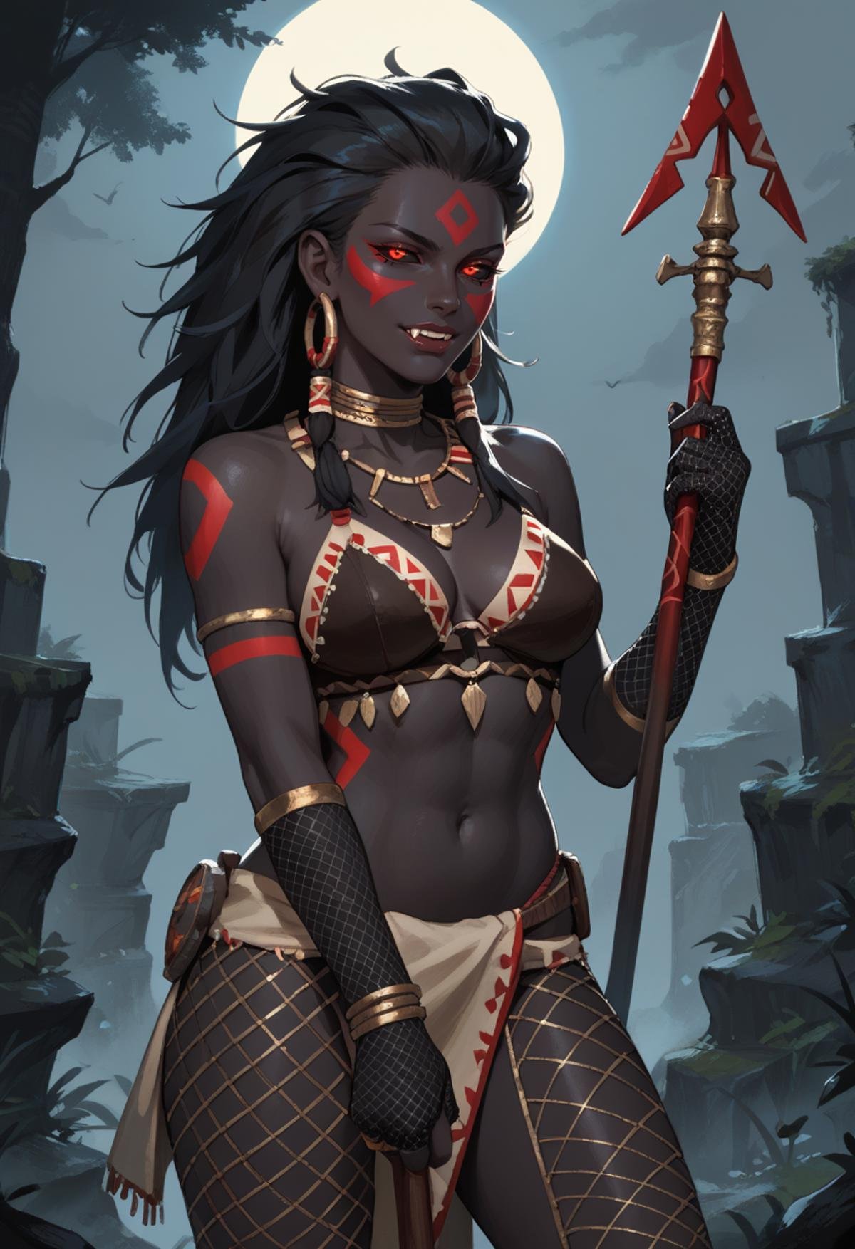 score_9, score_8_up, score_7_up, score_9, score_8_up, score_7_up, score_6_up, 1girl, holding, black skin black color skin, colored skin, fishnet gloves, black sclera, red eyes, glowing eyes, fangs, (facepaint, tribal tattoo), holding weapon, holding polearm,<lora:zenith:1>