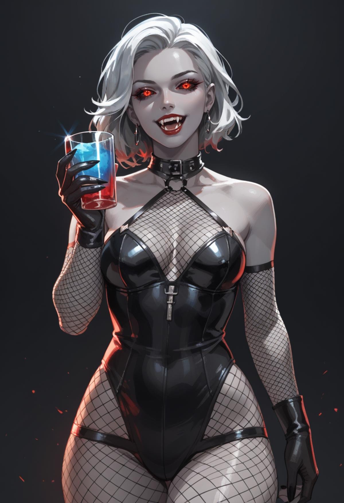 score_9, score_8_up, score_7_up, score_9, score_8_up, score_7_up, score_6_up, 1girl, holding a giant sythe, grey color skin grey skin, colored skin, fishnet gloves, black sclera, red eyes, glowing eyes, fangs, vampire,<lora:zenith:1>