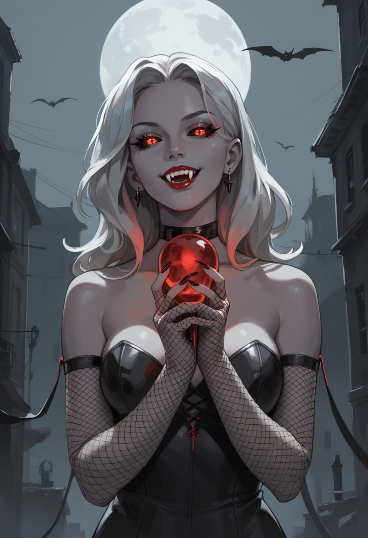 score_9, score_8_up, score_7_up, score_9, score_8_up, score_7_up, score_6_up, 1girl, holding a giant sythe, grey color skin grey skin, colored skin, fishnet gloves, black sclera, red eyes, glowing eyes, fangs, vampire,<lora:zenith:1>