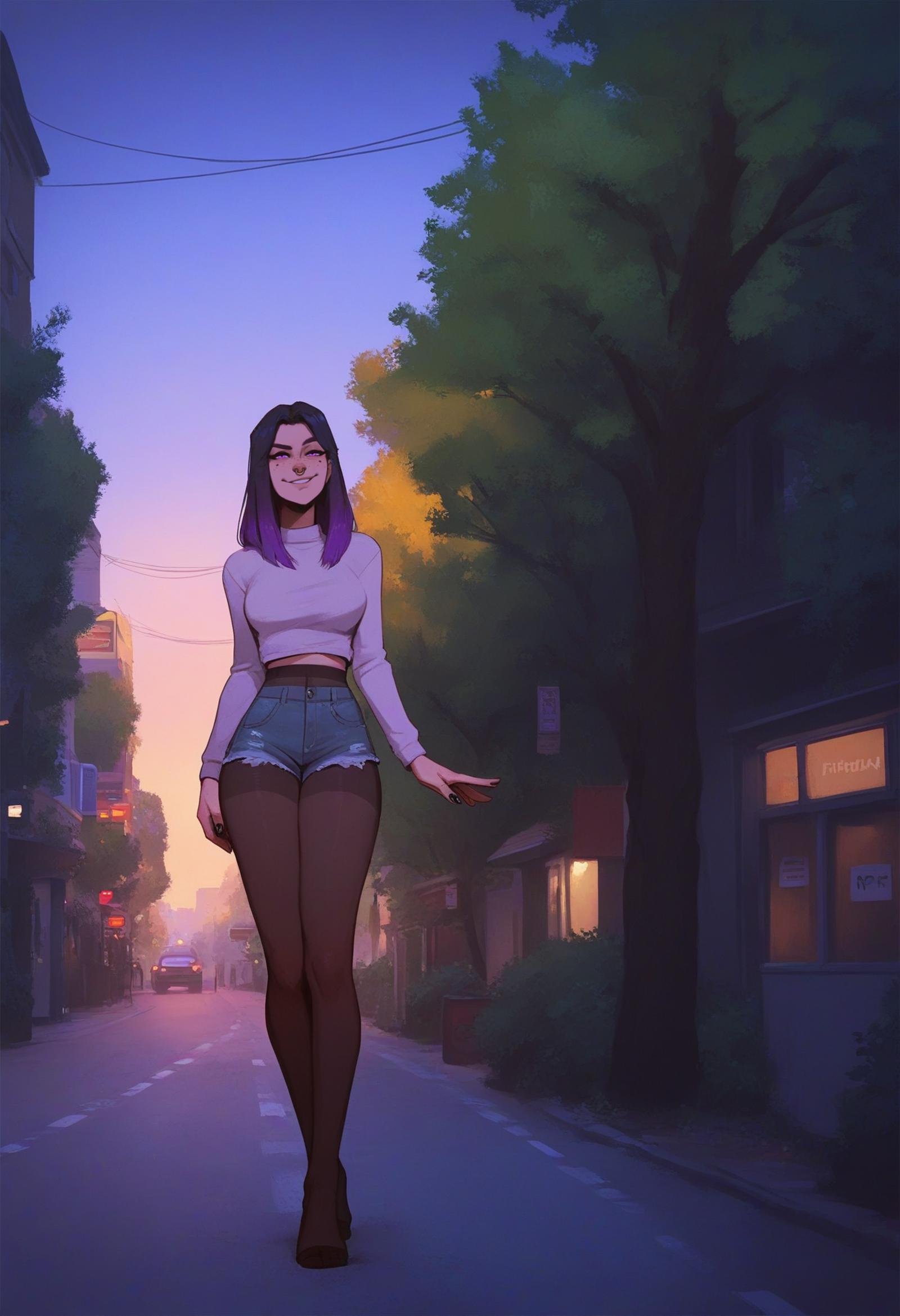 score_9, score_8_up, score_7_up, 1girl, freckles, smug, smile, pantyhose under shorts, black nails, nail polish, purple gradient hair, nose ring piercing, purple eyes,<lora:zenith:1>, scenery, lamppost, street, tree, dusk,