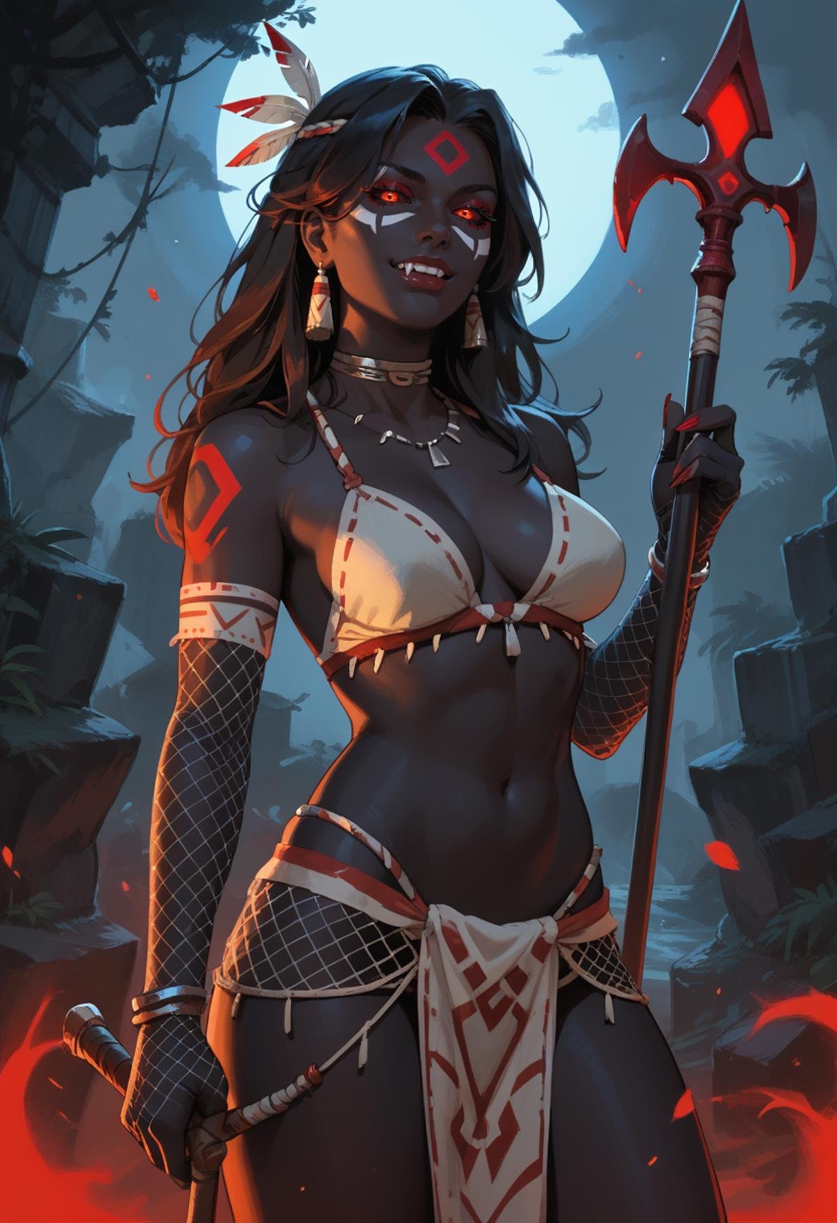 score_9, score_8_up, score_7_up, score_9, score_8_up, score_7_up, score_6_up, 1girl, holding, black skin black color skin, colored skin, fishnet gloves, black sclera, red eyes, glowing eyes, fangs, (facepaint, tribal tattoo), holding weapon, holding polearm,<lora:zenith:1>