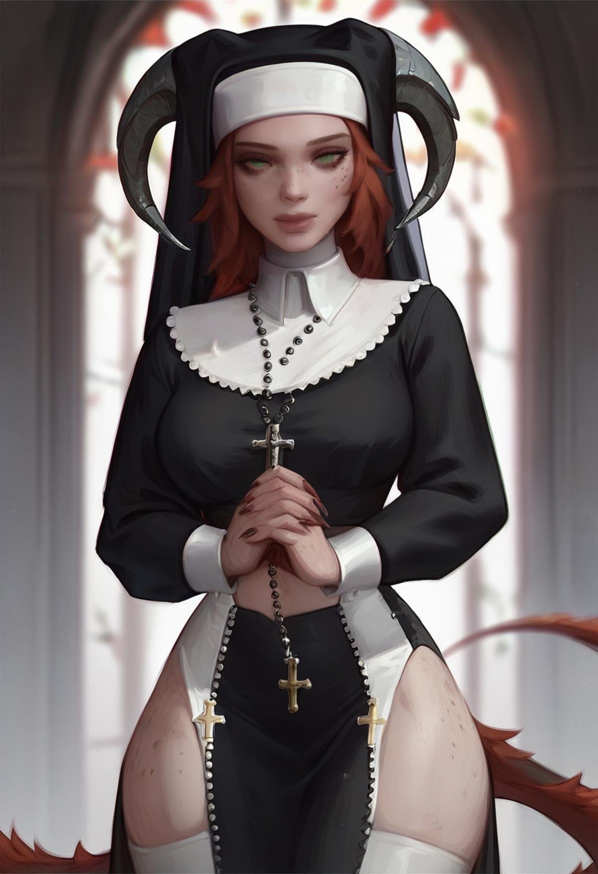 score_9, score_8_up, score_7_up, 1girl, freckles, horns, animal ears, (nun outfit:1.6), <lora:Elysian:1>, elys1an