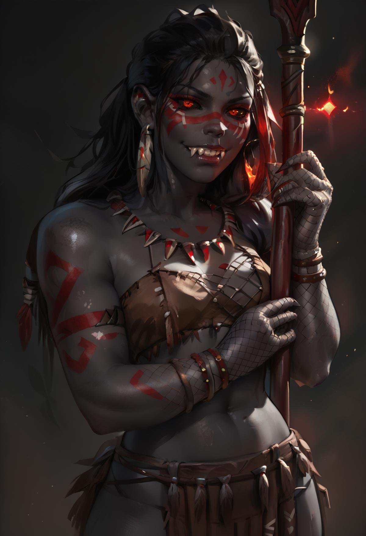 score_9, score_8_up, score_7_up, score_9, score_8_up, score_7_up, score_6_up, 1girl, holding, black skin black color skin, colored skin, fishnet gloves, black sclera, red eyes, glowing eyes, fangs, (facepaint, tribal tattoo), holding weapon, holding polearm, <lora:Elysian:1>, elys1an