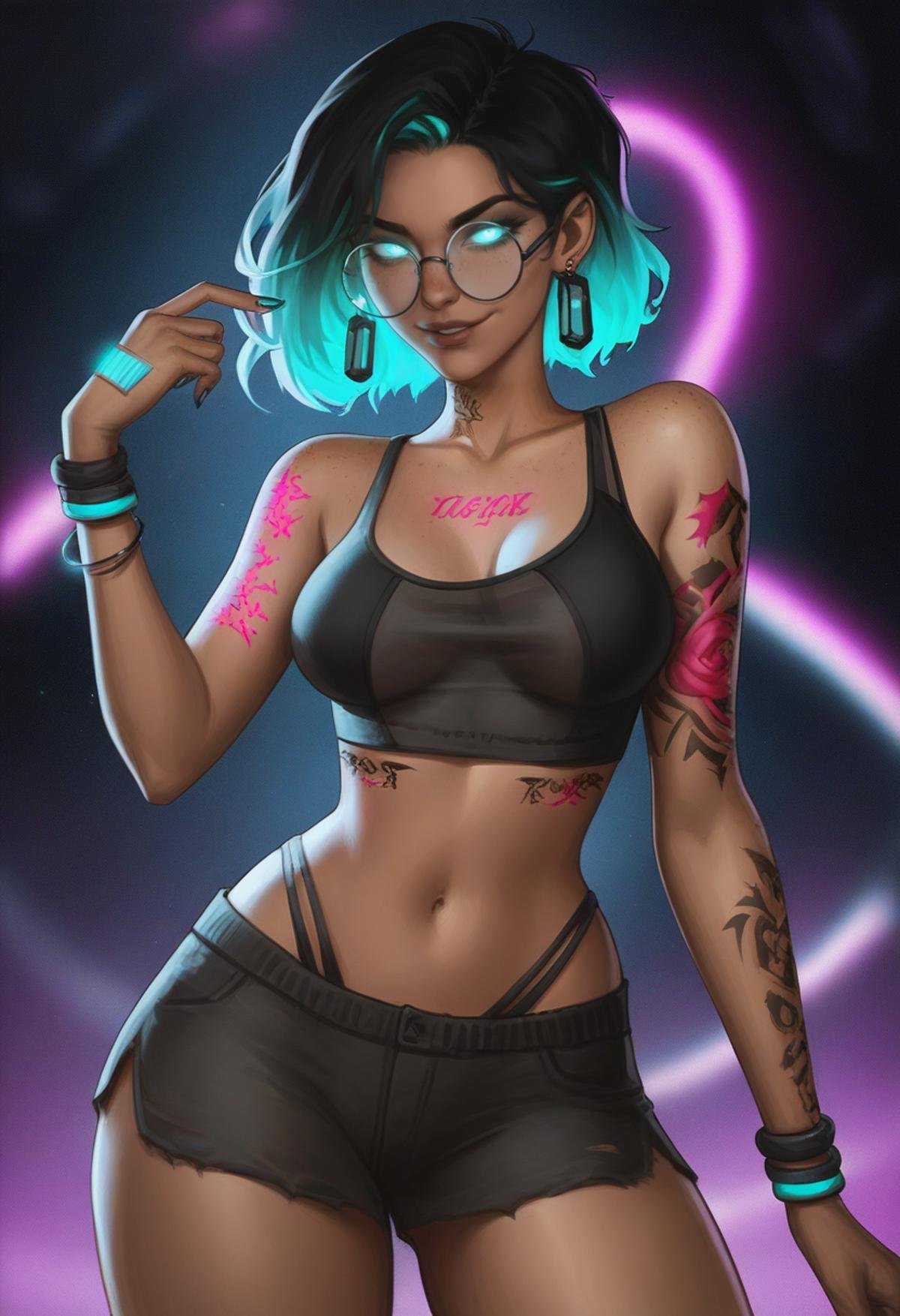 score_9, score_8_up, score_7_up, vibrant colors, Cyan and Jet Black,1girl, hype clothing, medium breasts, dark dark-skinned female, freckles, nail polish, dynamic pose, futuristic clothing, see through plastic, urban clothing, (neon tattoo, glowing tattoo:1.5), smug, round eyewear, glasses, earrings, glowing eyes, <lora:Elysian:0.8>, elys1an,