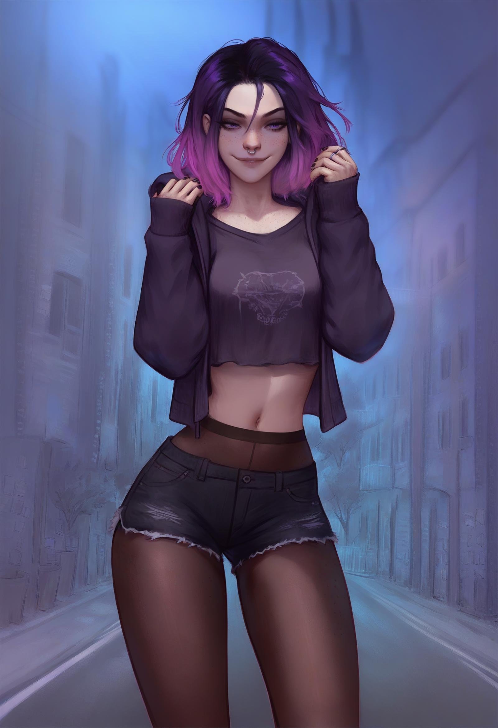 score_9, score_8_up, score_7_up, 1girl, freckles, smug, smile, pantyhose under shorts, black nails, nail polish, purple gradient hair, nose ring piercing, purple eyes, <lora:Elysian:1>, elys1an, scenery, lamppost, street, tree, dusk,