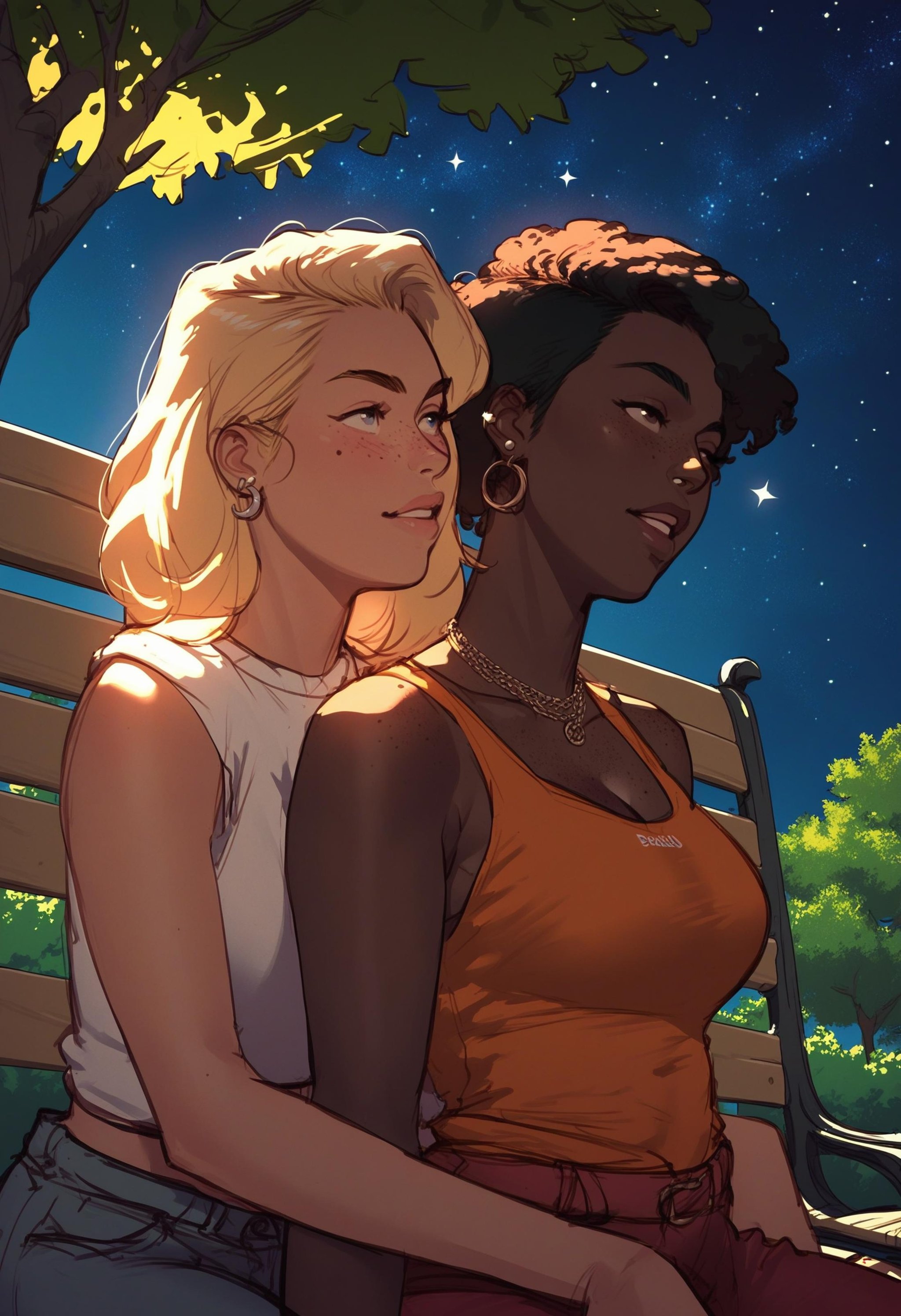 (score_9, score_8_up, score_7_up), 2girls, freckles, blonde hair, dark skinned female, very dark skin, black skin, big breasts, multiple piercings, leaning on person, bench, park, tree, starry sky, <lora:seraphim:1> s3raph1m