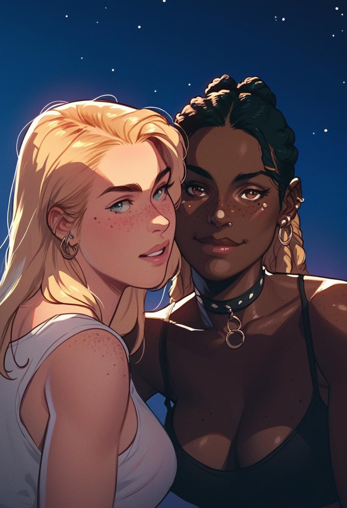 (score_9, score_8_up, score_7_up), multiple girls, freckles, blonde hair, dark skinned female, very dark skin, black skin, medium breasts, multiple piercings, at night, <lora:seraphim:1> s3raph1m