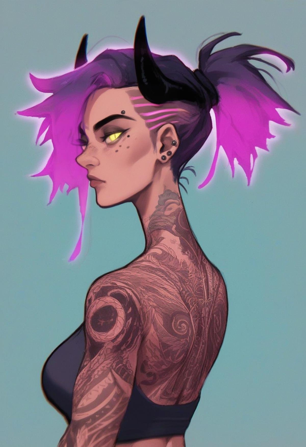 score_9, score_8_up, score_7_up, score_6_up, score_5_up, score_4_up, 1girl, female, black horns, bouncy ponytail hairstyle, beautiful face, freckles, slit pupils, skinny, tattoos, milf, piercings, punk girl, breasts, thin, glowing hair, multicolored hair, <lora:Veridian:1> v3r1d1an,