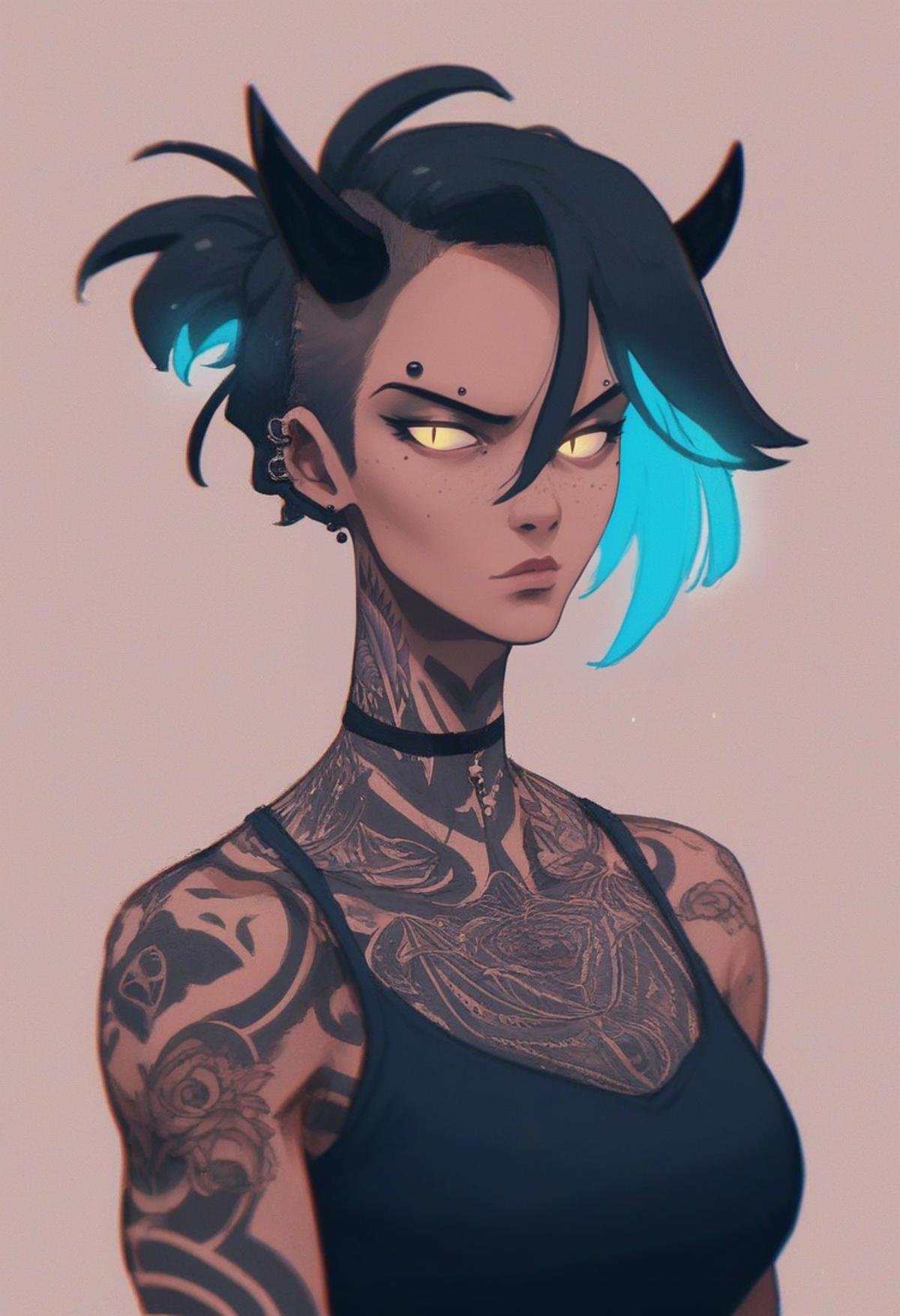 score_9, score_8_up, score_7_up, score_6_up, score_5_up, score_4_up, 1girl, female, black horns, bouncy ponytail hairstyle, beautiful face, freckles, slit pupils, skinny, tattoos, milf, piercings, punk girl, breasts, thin, glowing hair, multicolored hair, <lora:Veridian:1> v3r1d1an,