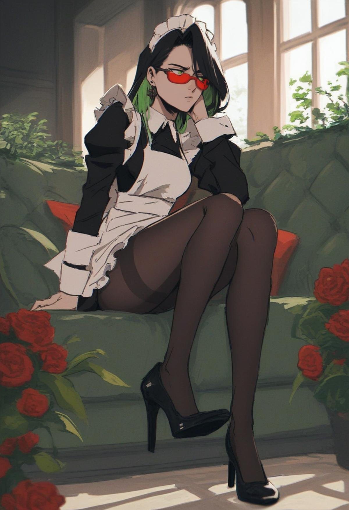 score_9, score_8_up, score_7_up, 1girl, solo, bored, long hair, black hair, multicolored hair, earrings, frills, green hair, green eyes, indoors, maid apron, maid, black footwear, high heels, thighs, black pantyhose, red-tinted eyewear, overgrown, moss, flowers, sofa, high contrast, <lora:Veridian:1> v3r1d1an,