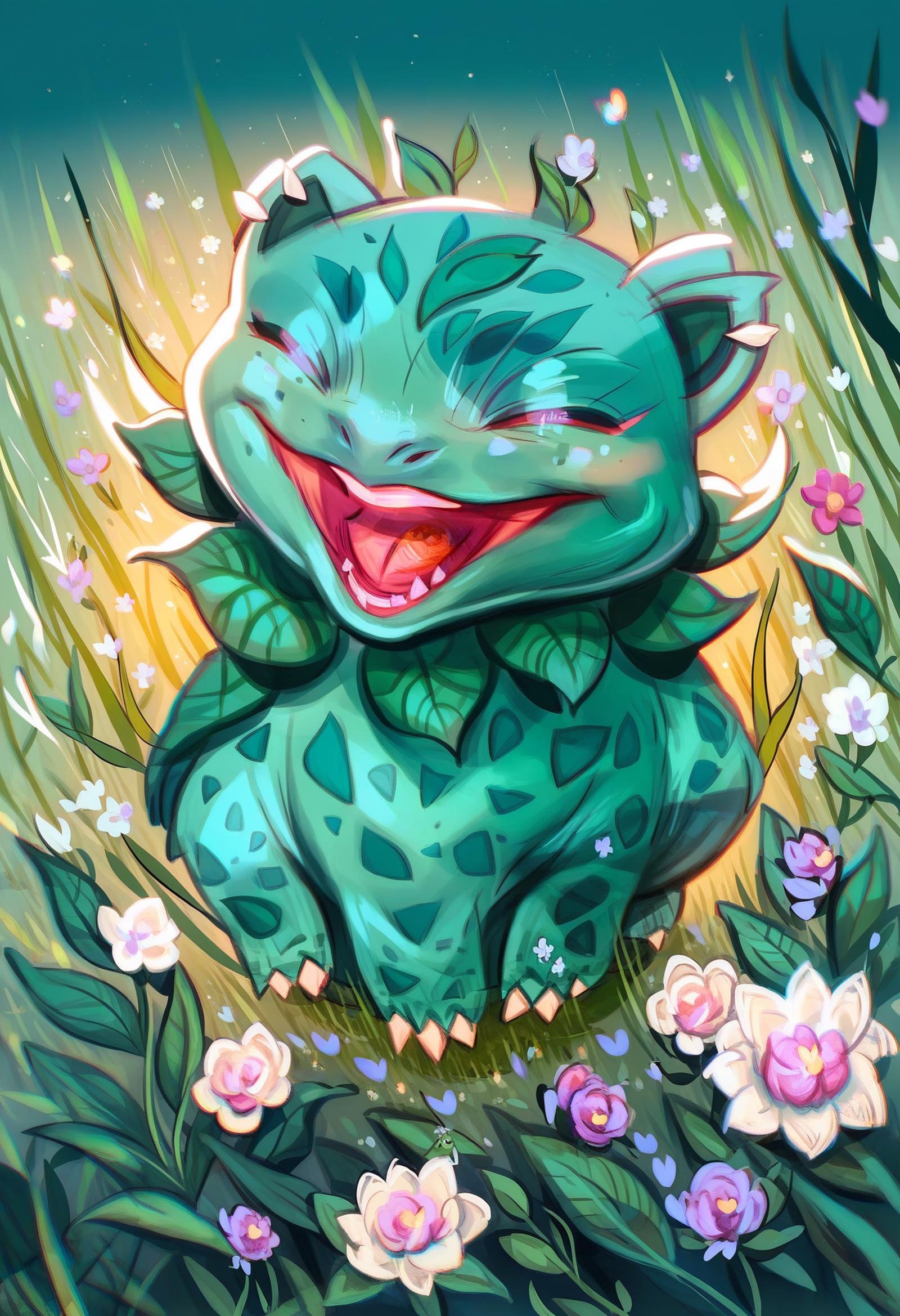 score_9, score_8_up, score_7_up, score_6_up, score_5_up, score_4_up,  <lora:Lunaris:1> lunar1s,(bulbasaur, chibi body), (eyes closed, wide smile, open mouth), (meadow, flowers, Windy), (detailed image, high resolution, 5k resolution:1.0), (chibi art style:1.1)