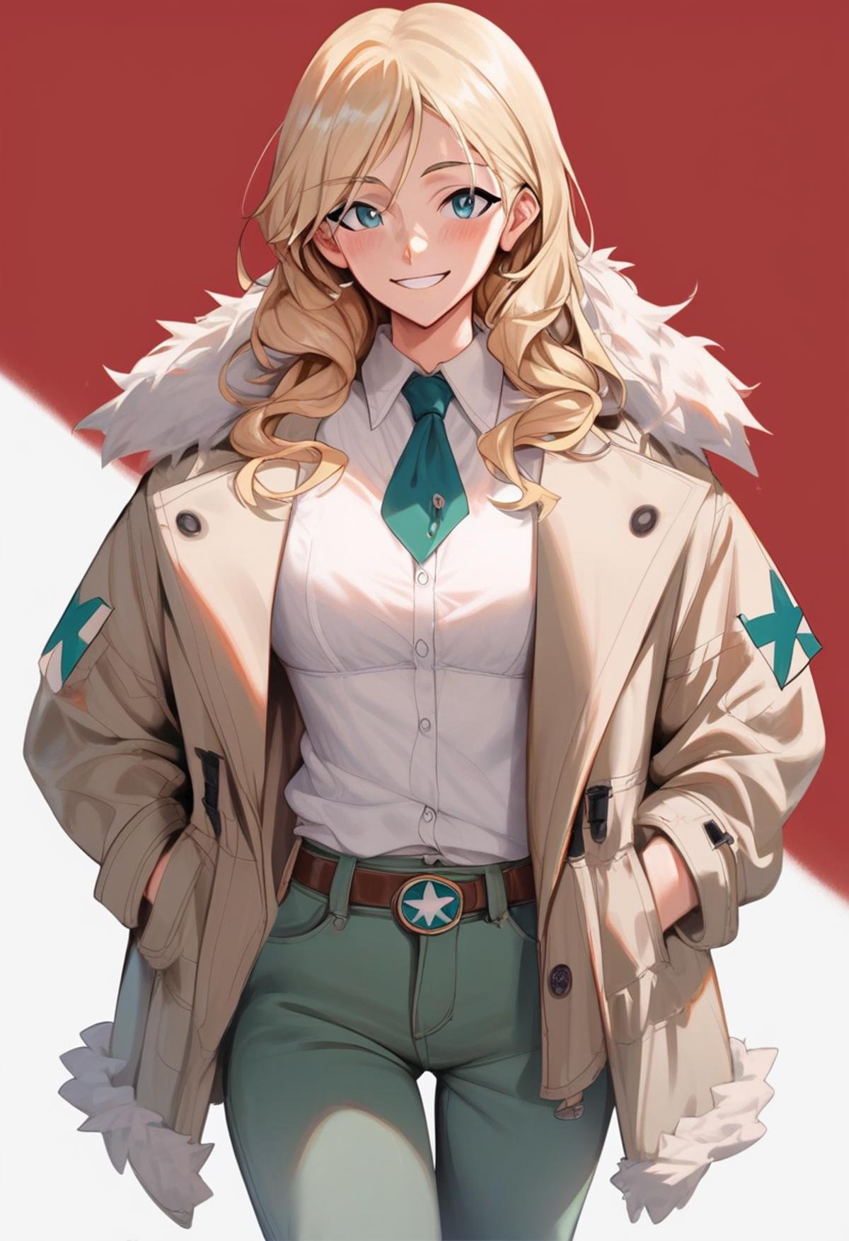 score_9, score_8_up, score_7_up, score_6_up, score_5_up, score_4_up,  <lora:Ionis:1> 1on1sBlonde and mint green dip dye,1girl, smiling,cargo pants,perrine h. clostermann, world witches series,fur coat,long hair,