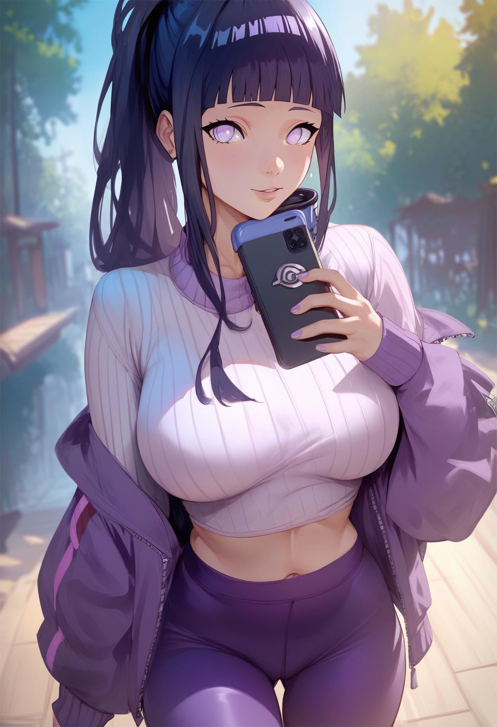 score_9, score_8_up, score_7_up, score_6_up, score_5_up, score_4_up,  <lora:Ionis:1> 1on1sGray and Green,1girl, slim, fit,yoga pants,hyuuga hinata, purple eyes, naruto \(series\),sweater,Hips up, arms out,