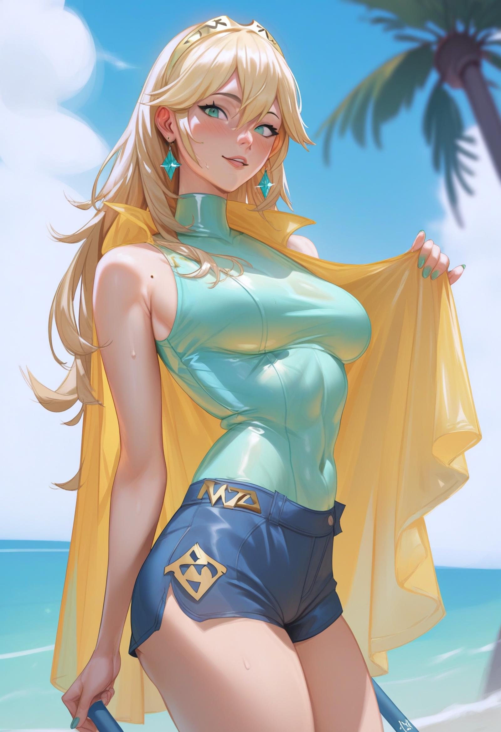 score_9, score_8_up, score_7_up, score_6_up, score_5_up, score_4_up,  <lora:Ionis:1> 1on1sBlonde and mint green ombre,1girl, slim, fit,short shorts,lucina \(fire emblem\),raincoat,High-parched back torso,