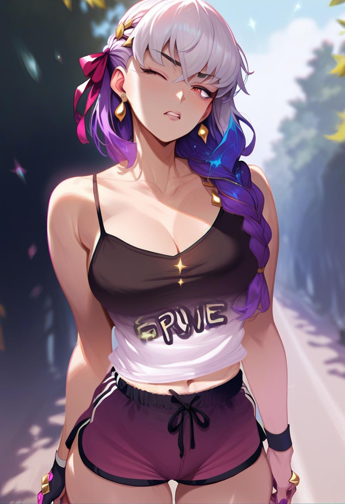 score_9, score_8_up, score_7_up, score_6_up, score_5_up, score_4_up,  <lora:Ionis:1> 1on1sBrown and Purple,1girl, wince,gym shorts,kama \(fate\),camisole,braid,