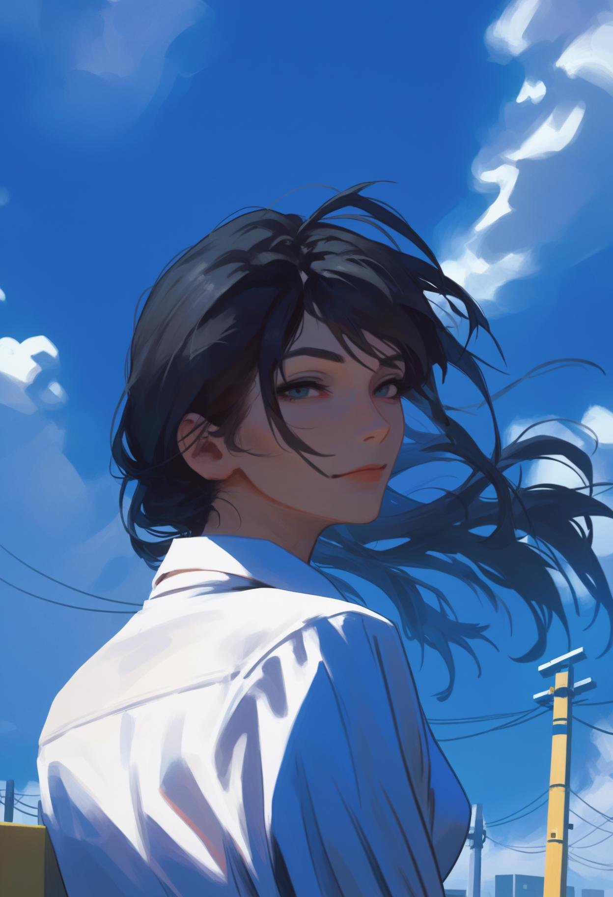 score_9, score_8_up, score_7_up, score_6_up, score_5_up, score_4_up, rating_safe,<lora:Calyx:1> c4lyx,1girl, solo, sky, shirt, white shirt, black hair, cloud, power lines, looking at viewer, utility pole, floating hair, blue sky, outdoors, long hair, closed mouth, upper body, collared shirt, looking back, day, long sleeves, wind,